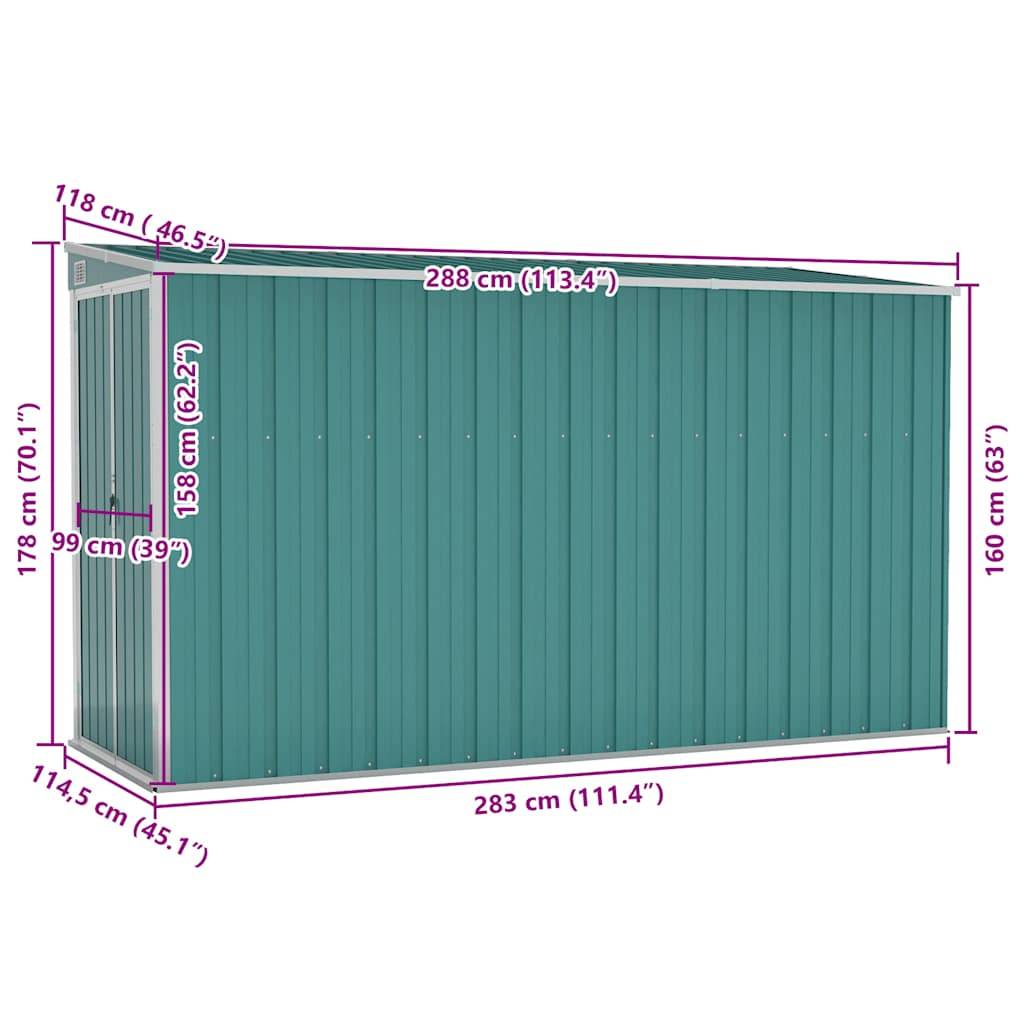 Abri de jardin mural Acier galvanisé Double porte Rangement 118x288cm Vert - ComfortXL Outdoor Living - Image 7