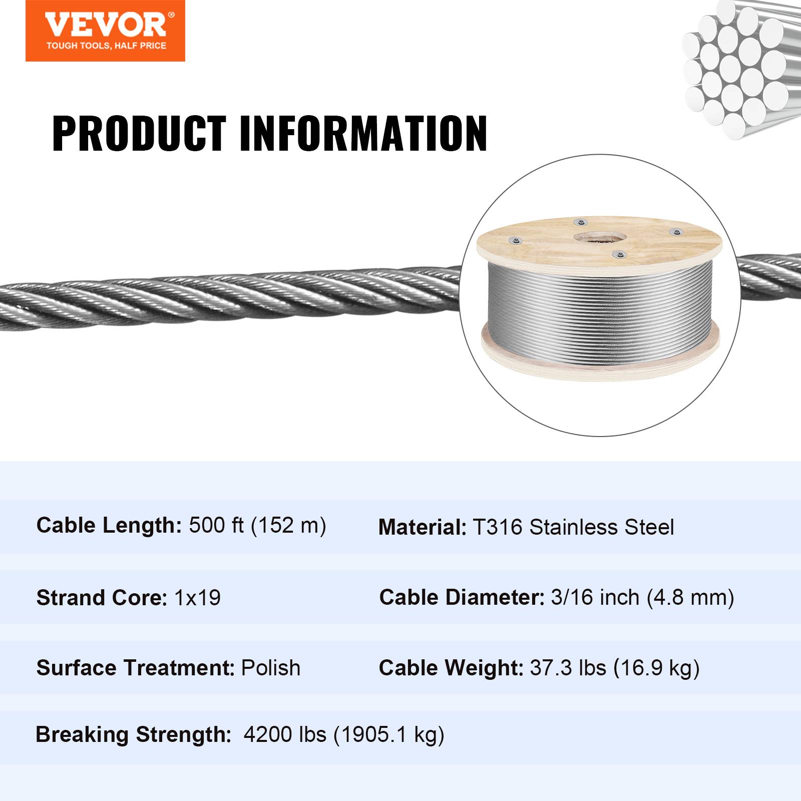 Vevor - Câble inox T316 152 m, 4,8 mm, 1x19 - fil métallique résistant 1905,1 kg pour rampes, suspensions, cordes à linge et usages extérieurs. - Image 6