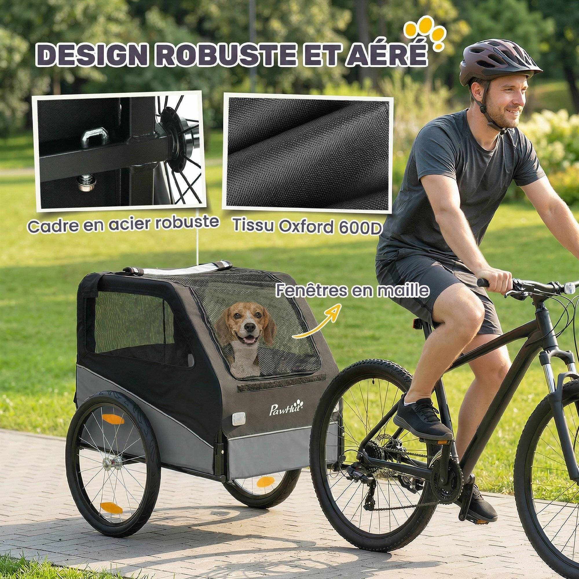 Remorque Vélo Chien avec Pneus 20", Attache Universelle, Réflecteurs, Drapeau, Laisse, 139x72x88cm, Gris et Noir - Image 9