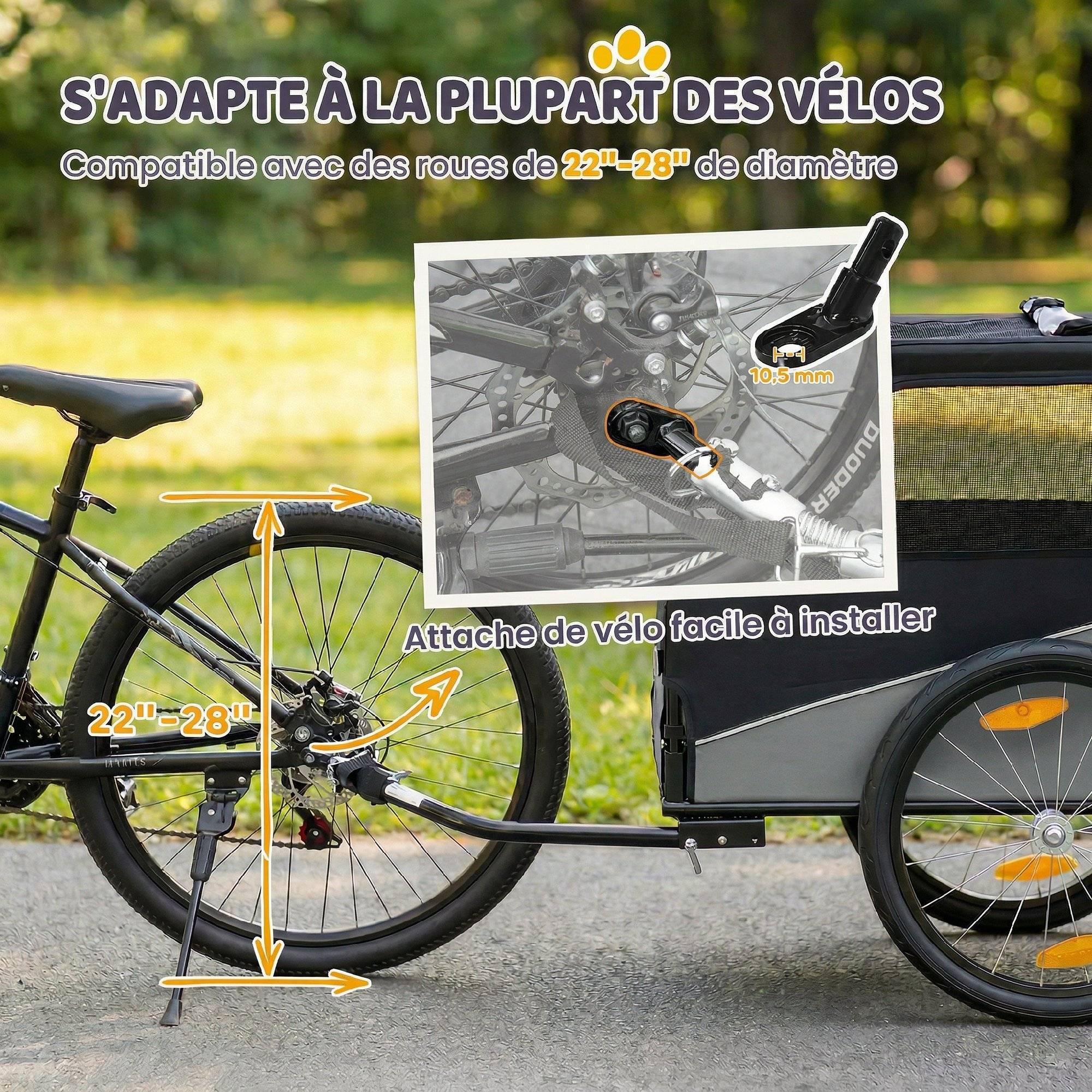 Remorque Vélo Chien avec Pneus 20", Attache Universelle, Réflecteurs, Drapeau, Laisse, 139x72x88cm, Gris et Noir - Image 6