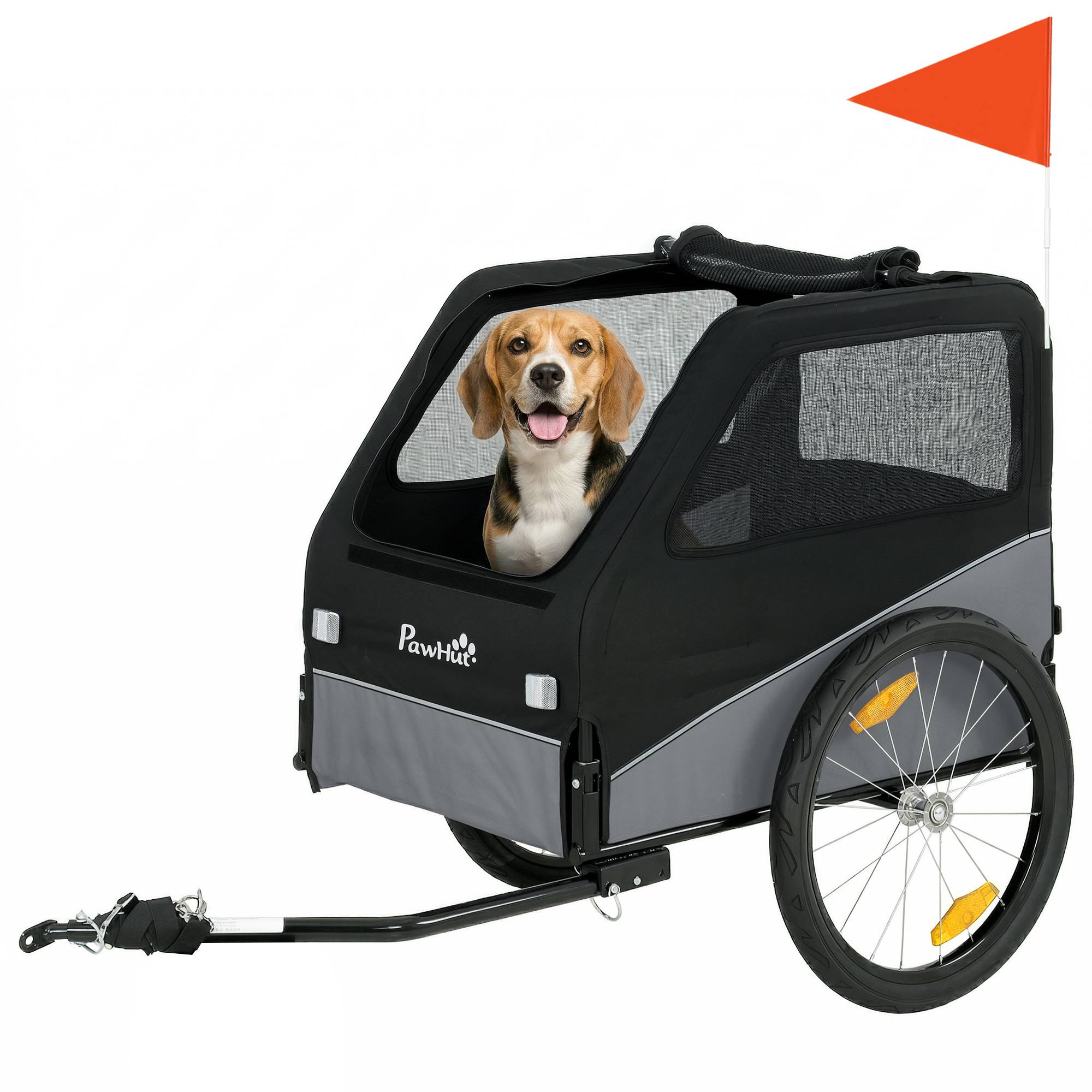 Remorque Vélo Chien avec Pneus 20", Attache Universelle, Réflecteurs, Drapeau, Laisse, 139x72x88cm, Gris et Noir - Image 1