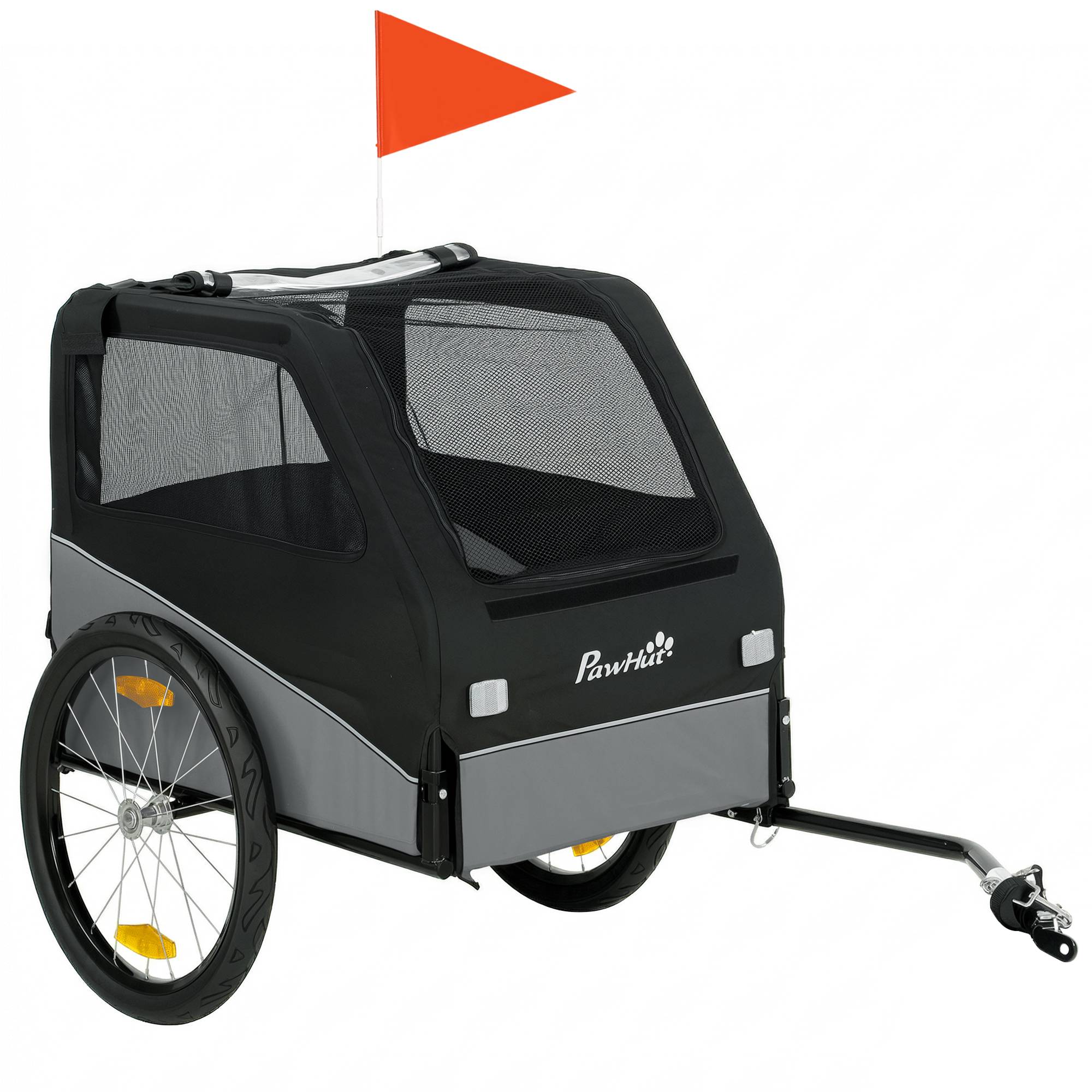 Remorque Vélo Chien avec Pneus 20", Attache Universelle, Réflecteurs, Drapeau, Laisse, 139x72x88cm, Gris et Noir - Image 2