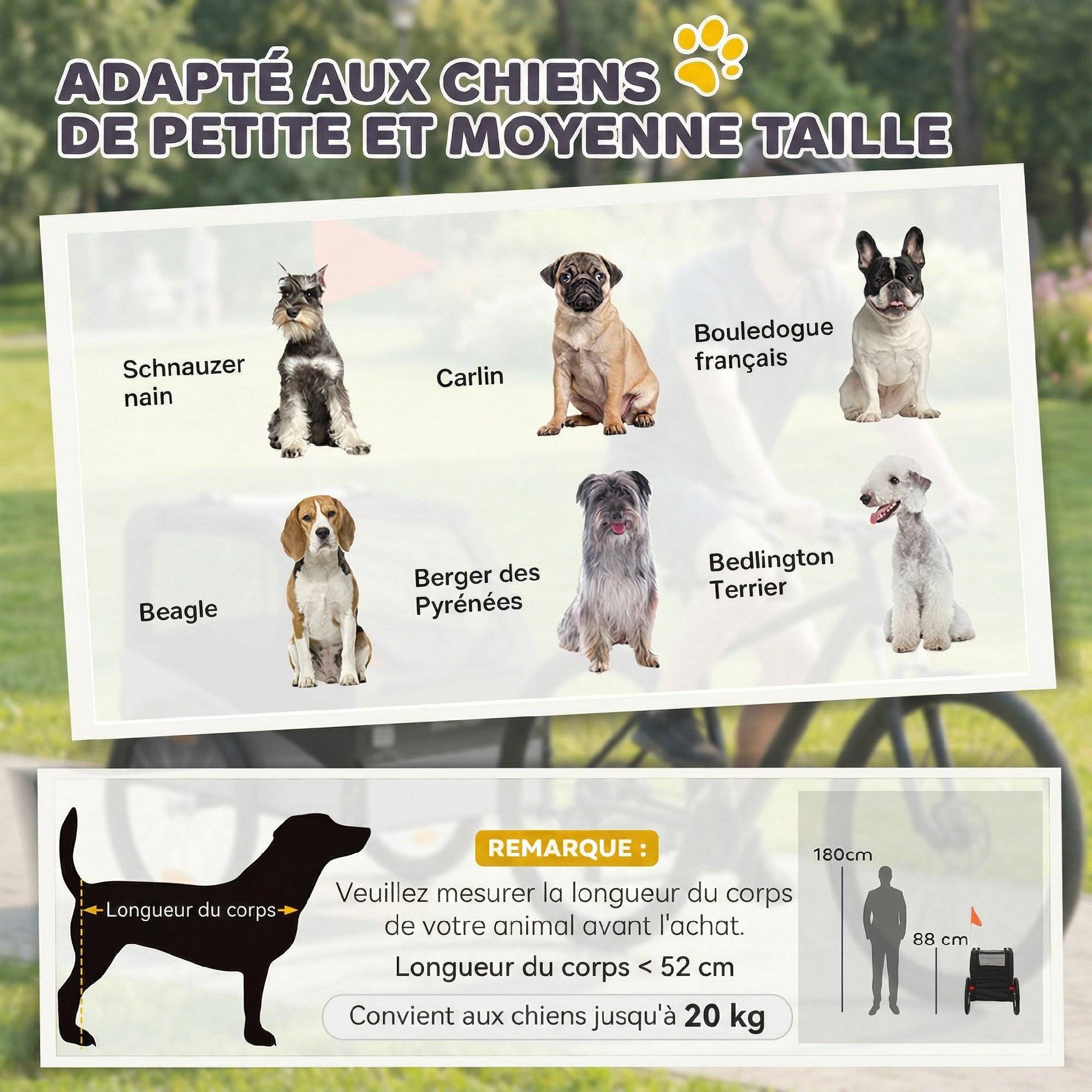 Remorque Vélo Chien avec Pneus 20", Attache Universelle, Réflecteurs, Drapeau, Laisse, 139x72x88cm, Gris et Noir - Image 8