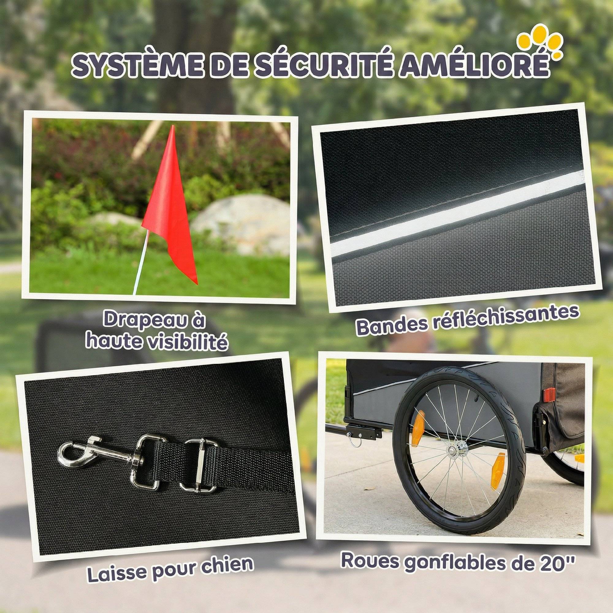 Remorque Vélo Chien avec Pneus 20", Attache Universelle, Réflecteurs, Drapeau, Laisse, 139x72x88cm, Gris et Noir - Image 10