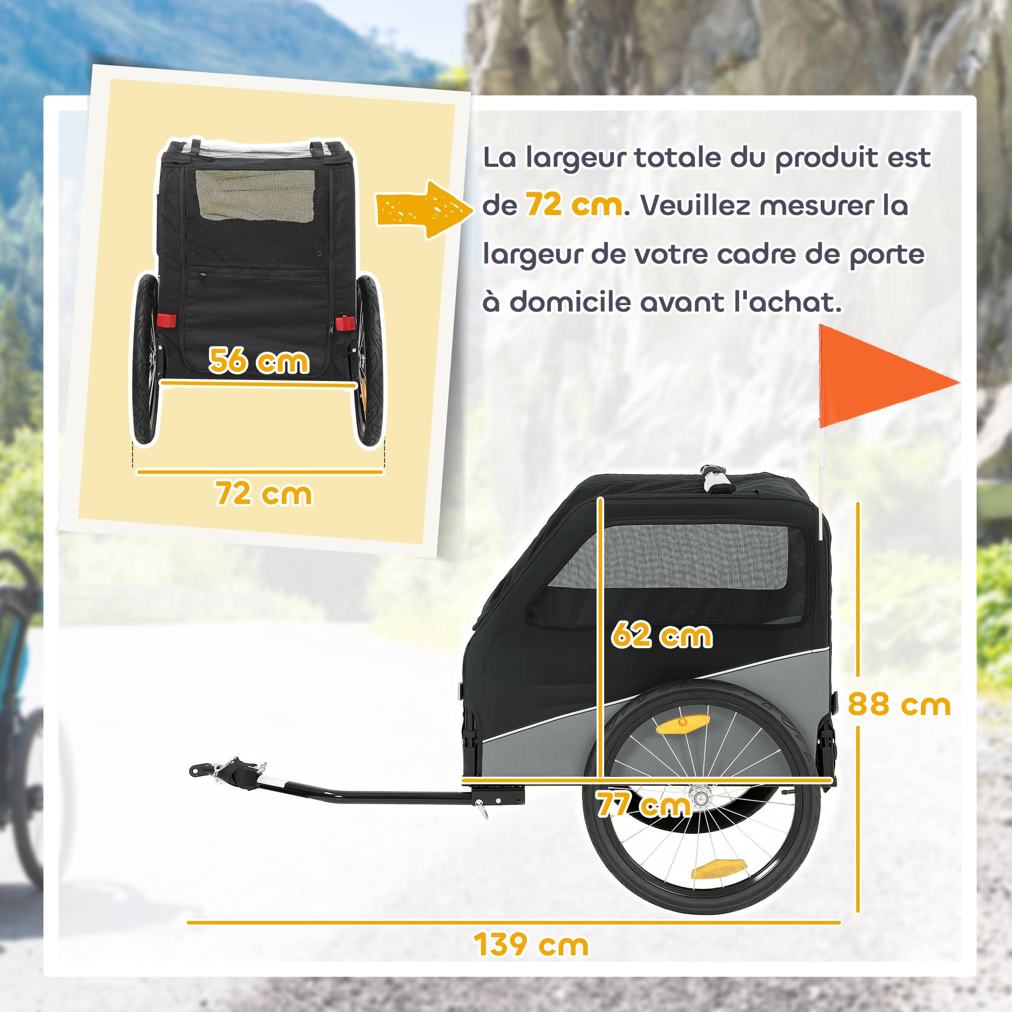 Remorque Vélo Chien avec Pneus 20", Attache Universelle, Réflecteurs, Drapeau, Laisse, 139x72x88cm, Gris et Noir - Image 5