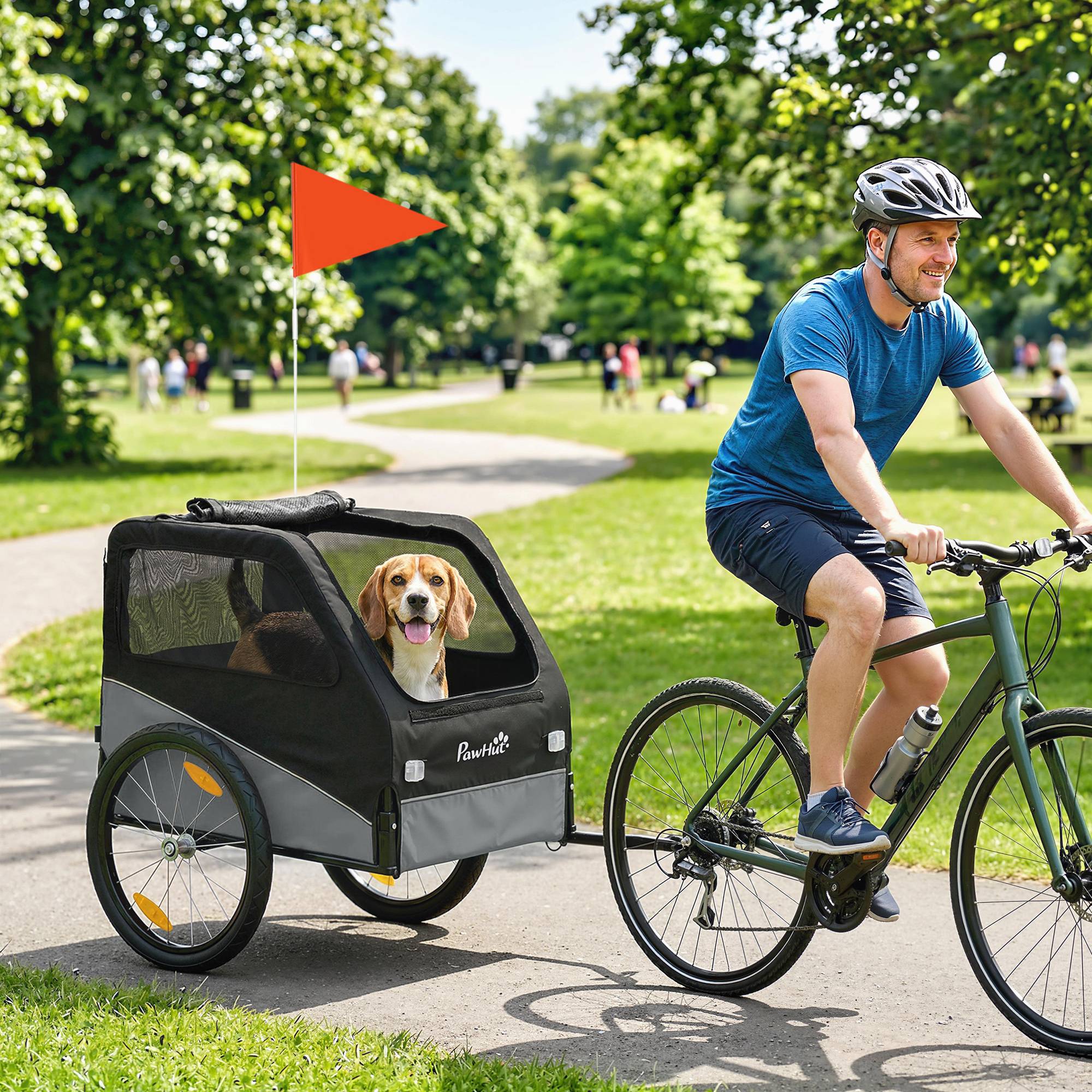Remorque Vélo Chien avec Pneus 20", Attache Universelle, Réflecteurs, Drapeau, Laisse, 139x72x88cm, Gris et Noir - Image 3