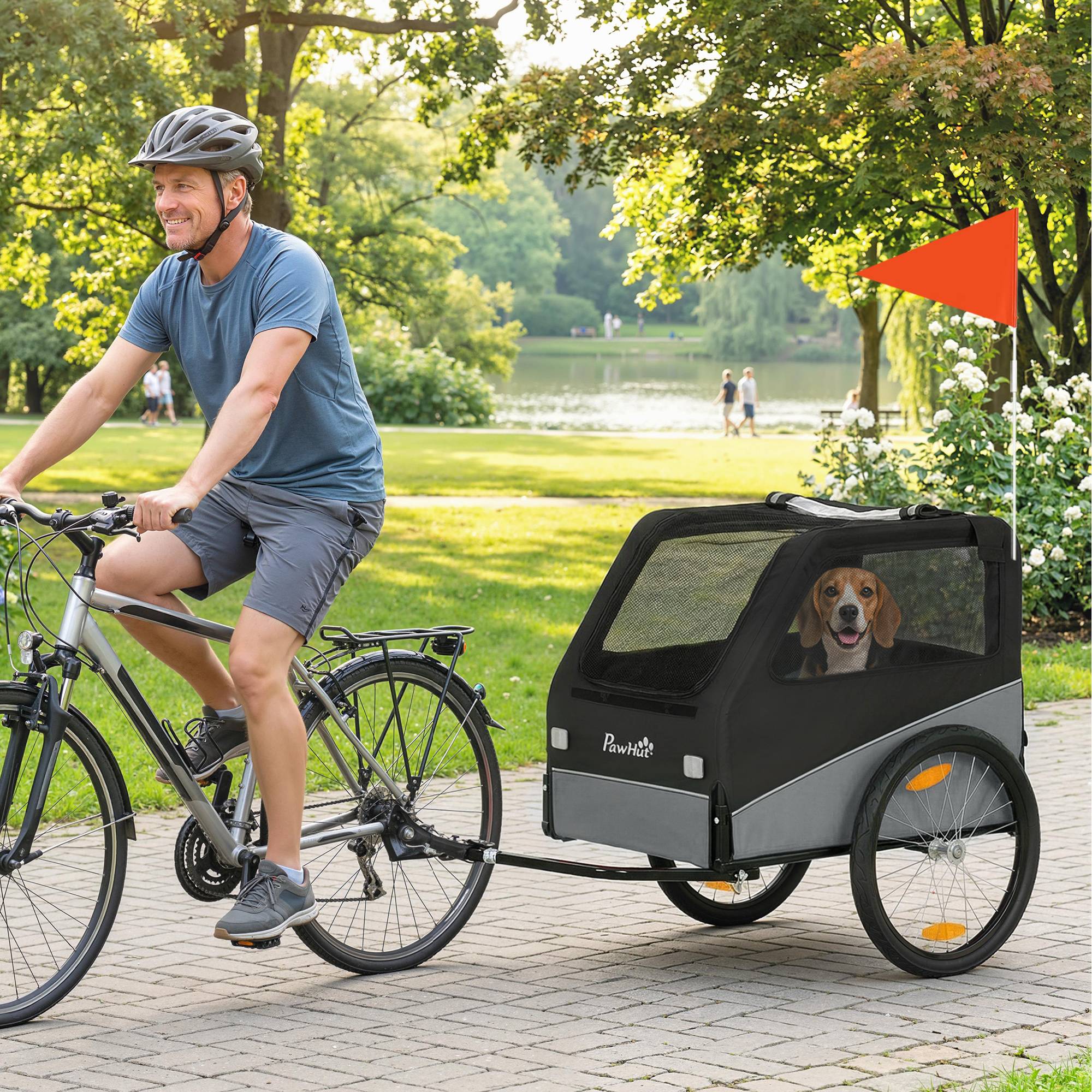 Remorque Vélo Chien avec Pneus 20", Attache Universelle, Réflecteurs, Drapeau, Laisse, 139x72x88cm, Gris et Noir - Image 4