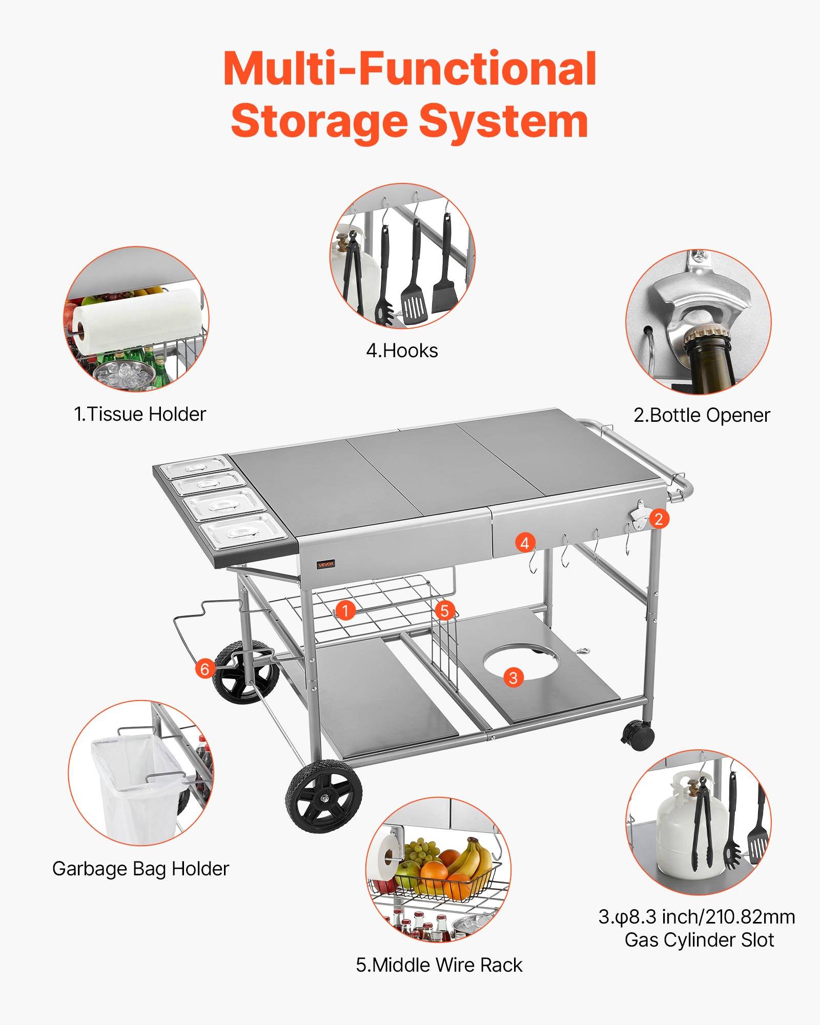Vevor - VEVOR Desserte de Jardin Chariot de Barbecue pour Plancha 136x76x79 cm Cuisine - Image 6