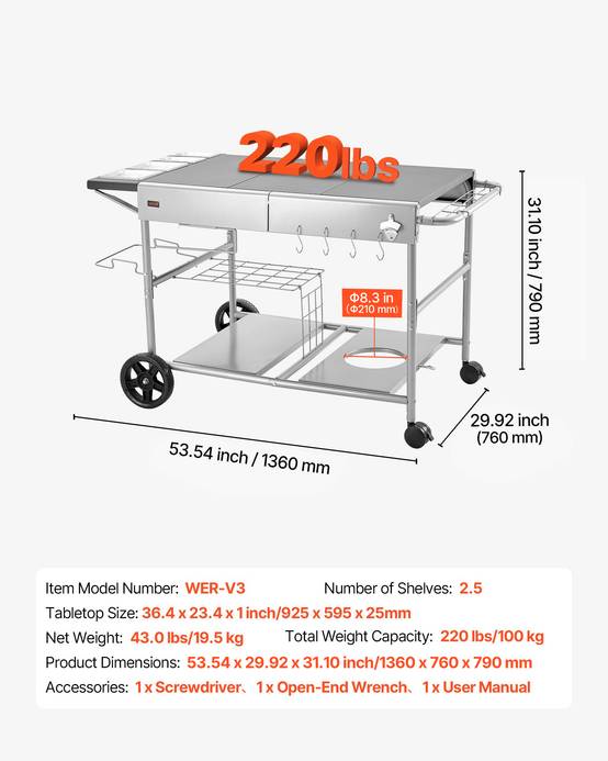 Vevor - VEVOR Desserte de Jardin Chariot de Barbecue pour Plancha 136x76x79 cm Cuisine - Image 3
