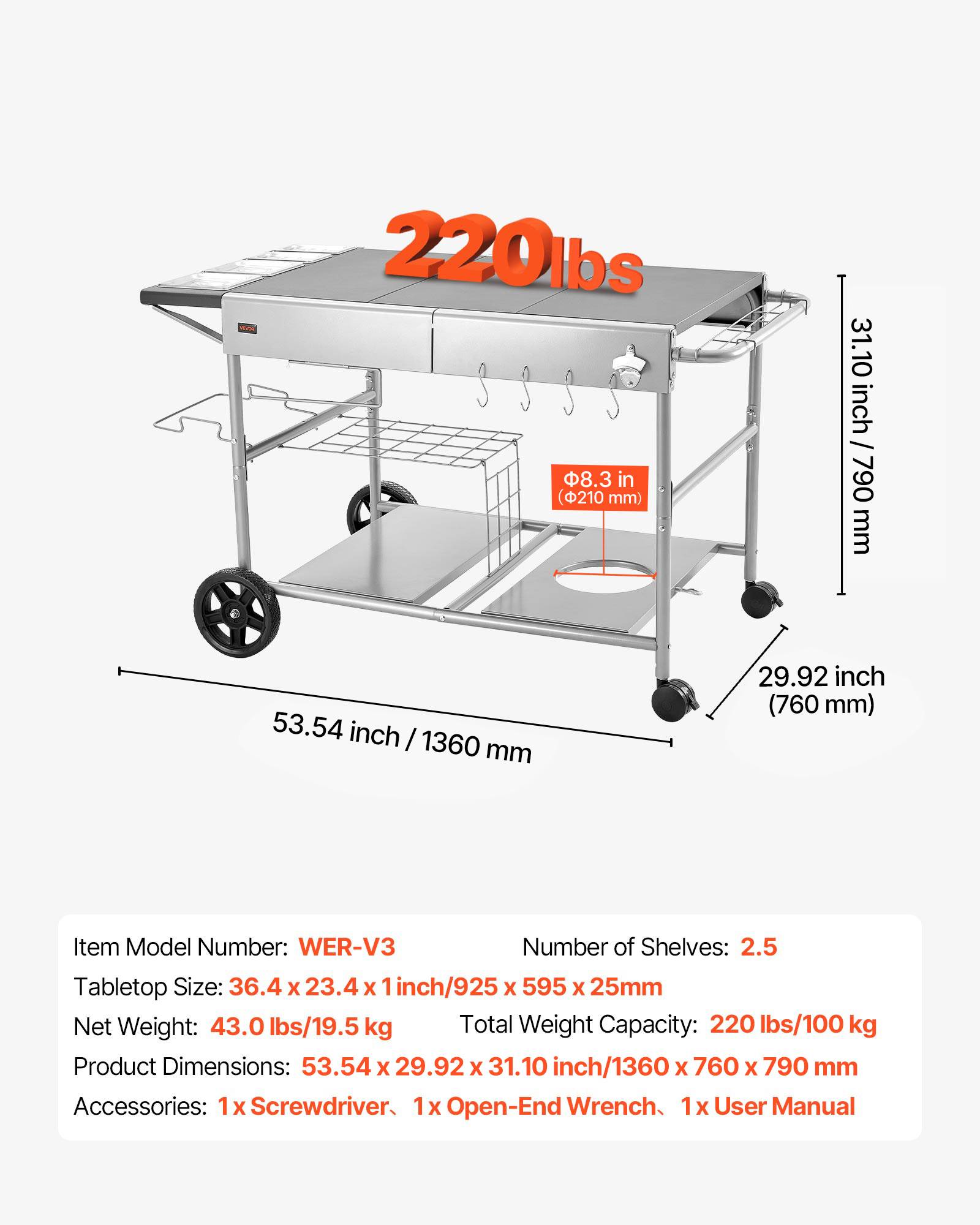 Vevor - VEVOR Desserte de Jardin Chariot de Barbecue pour Plancha 136x76x79 cm Cuisine - Image 3