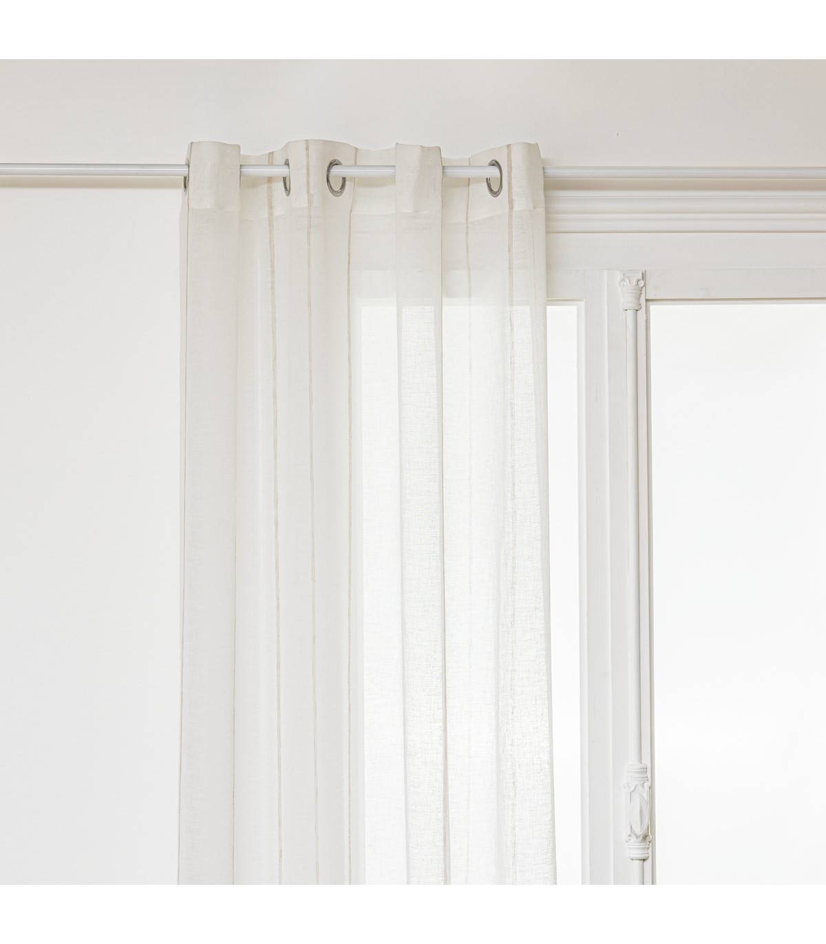 Voilage à œillets Blanc avec de fines rayures Beige Lin 140 x 240 cm - Image 1