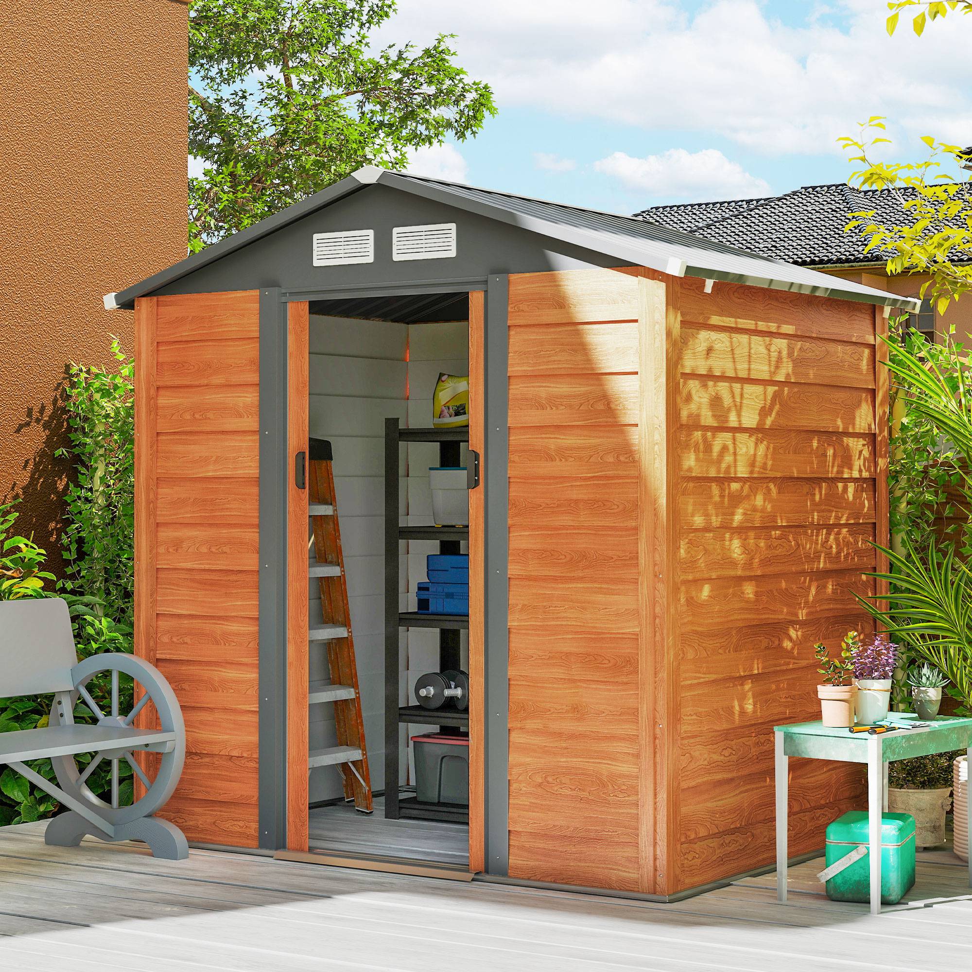 Abri de jardin en acier panneaux horizontaux toit double pente 197x163x200 cm marron - ComfortXL Outdoor Living - Image 3