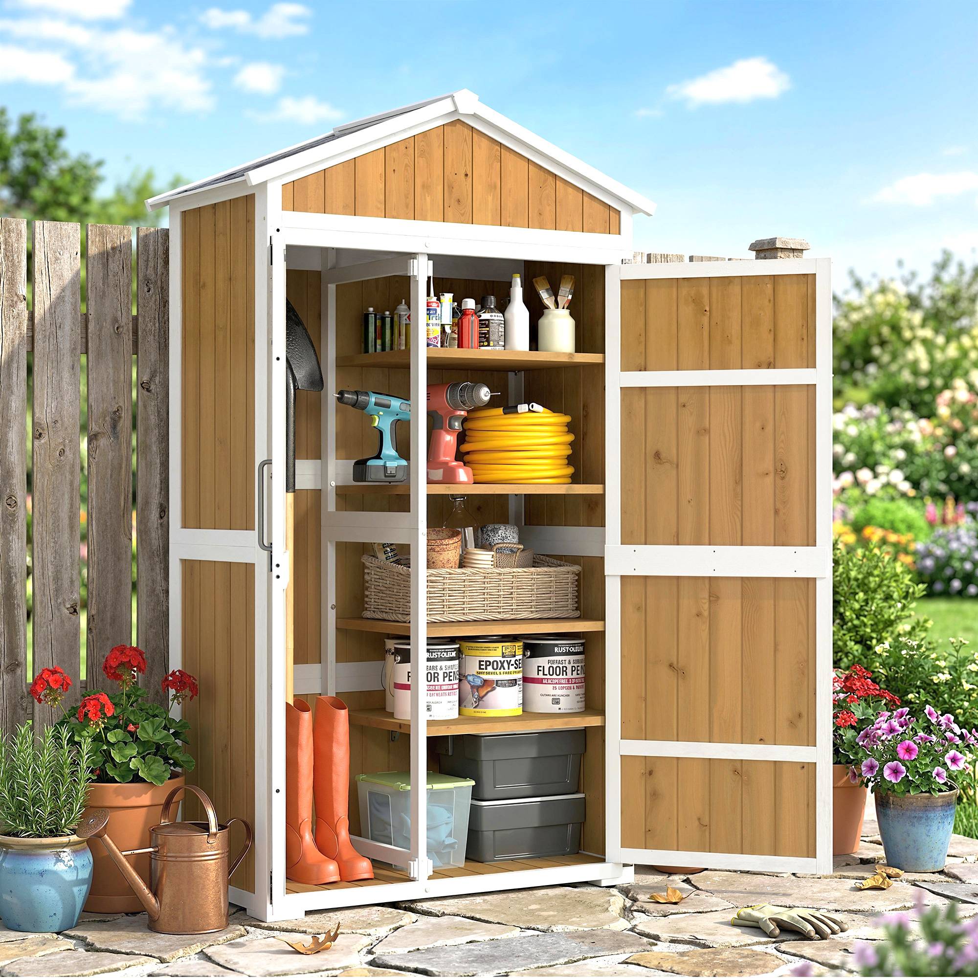 Sans Marque - Armoire de Jardin Abri de Jardin Étanche avec Toit en Métal Double Porte pour Outils de Jardinage 105x55x179cm Naturel - Image 2