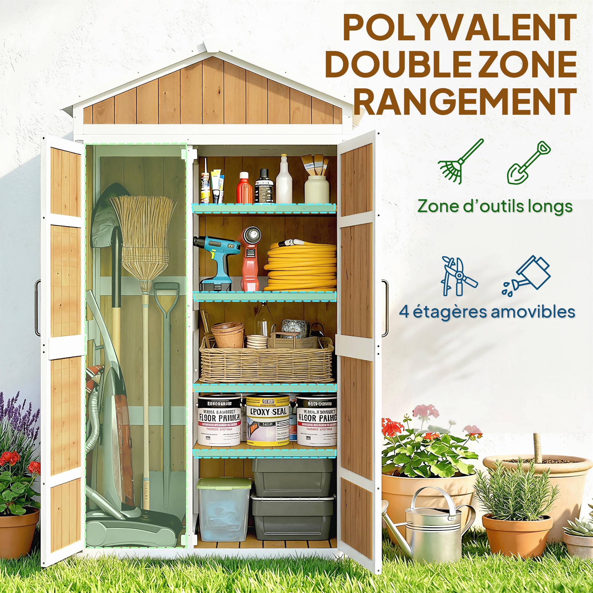 Sans Marque - Armoire de Jardin Abri de Jardin Étanche avec Toit en Métal Double Porte pour Outils de Jardinage 105x55x179cm Naturel - Image 5