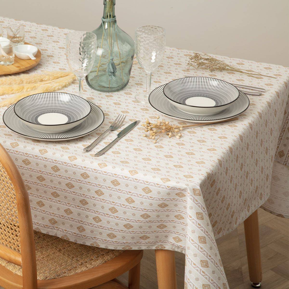 Nappe en polycoton Beige Ocre et Blanc 150 x 250 cm - Image 3