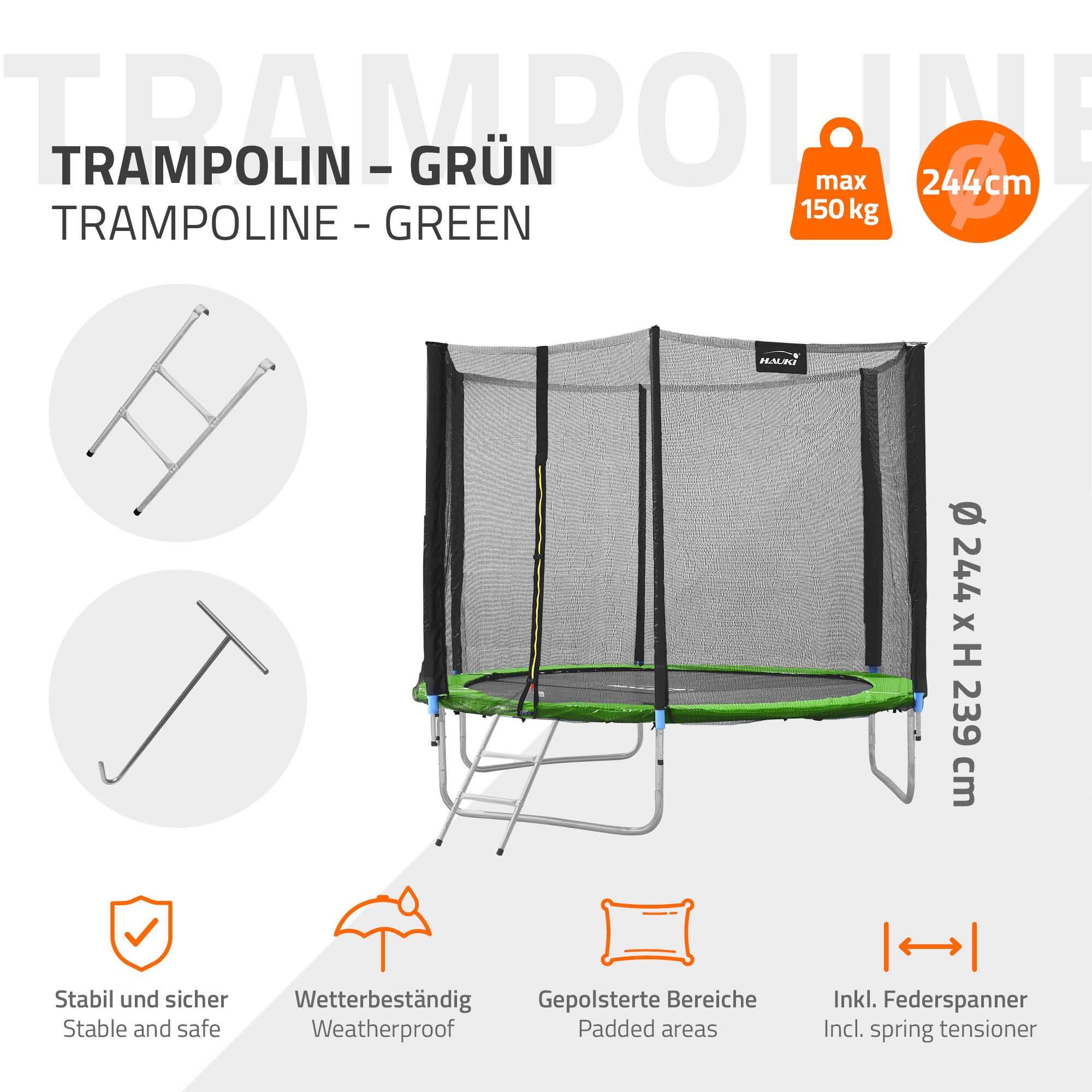 Trampoline de jardin avec filet de sécurité et échelle set complet vert Ø 244 cm - Image 3