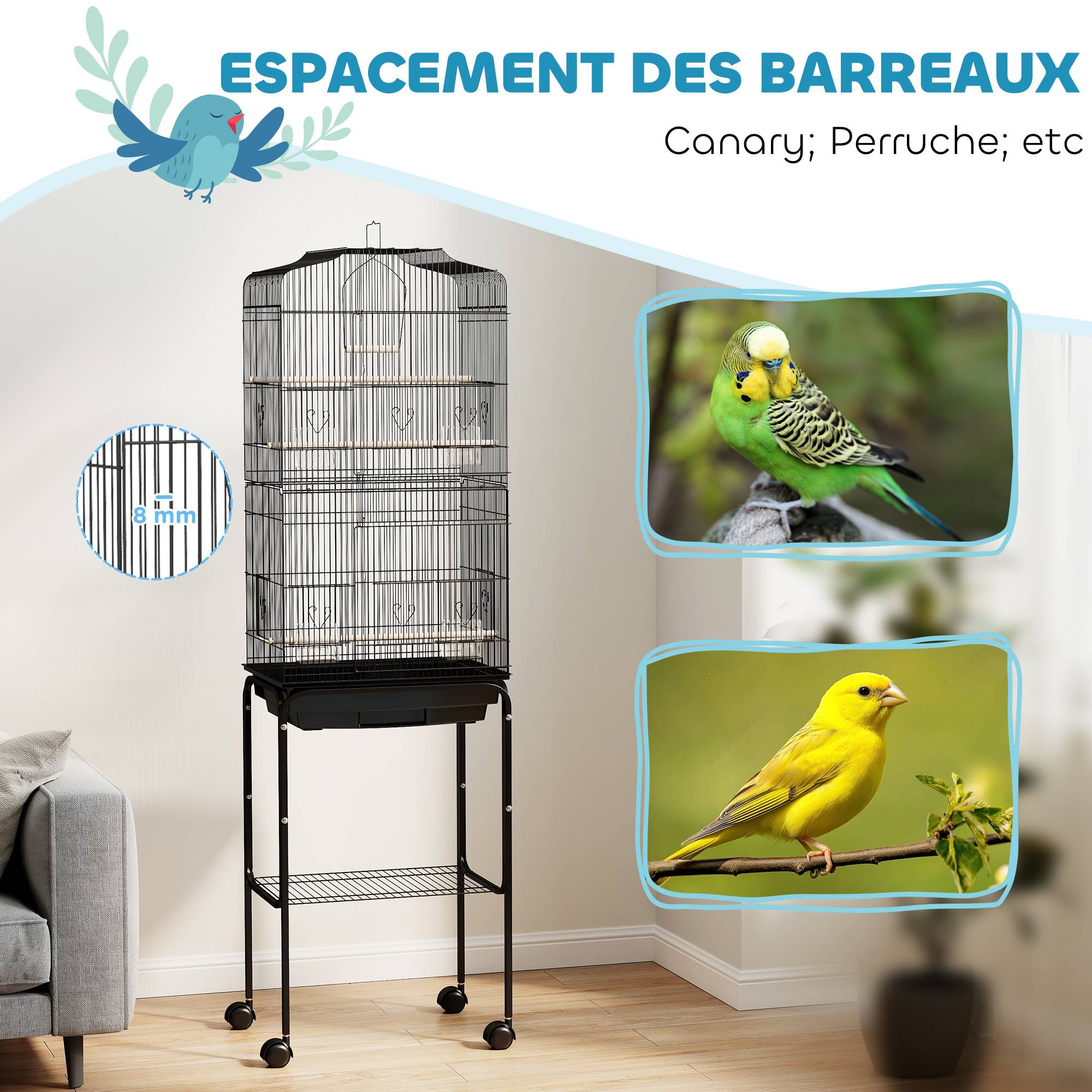 Cage à oiseaux sur pied volière oiseaux sur roulettes toit ouvrant 3 perchoirs étagère inférieure 46,5x36x157cm noir - Image 8