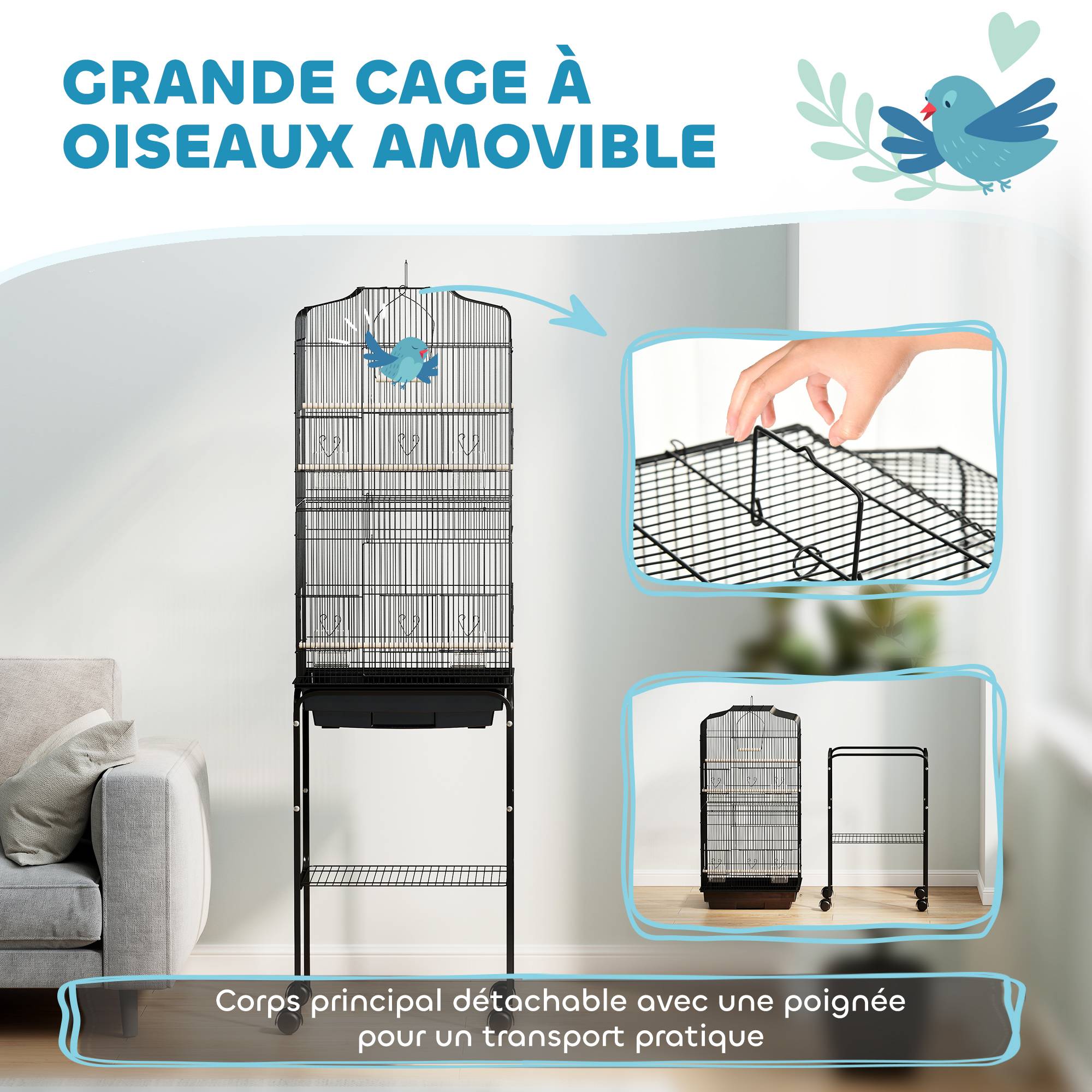 Cage à oiseaux sur pied volière oiseaux sur roulettes toit ouvrant 3 perchoirs étagère inférieure 46,5x36x157cm noir - Image 6