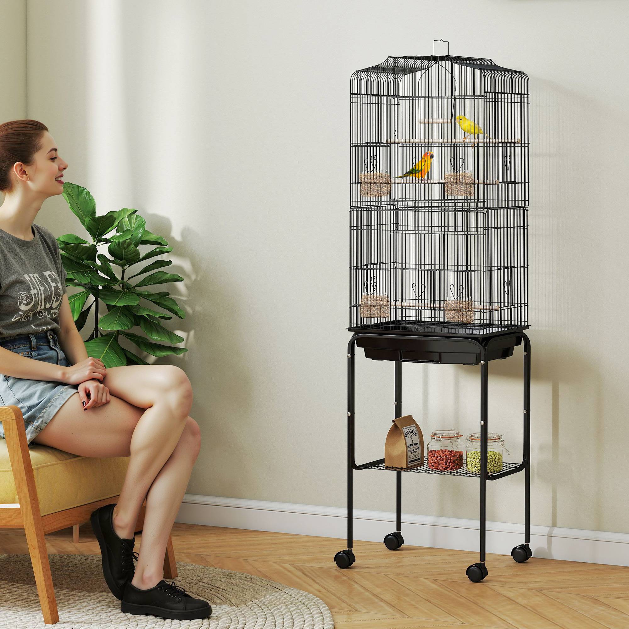 Cage à oiseaux sur pied volière oiseaux sur roulettes toit ouvrant 3 perchoirs étagère inférieure 46,5x36x157cm noir - Image 3