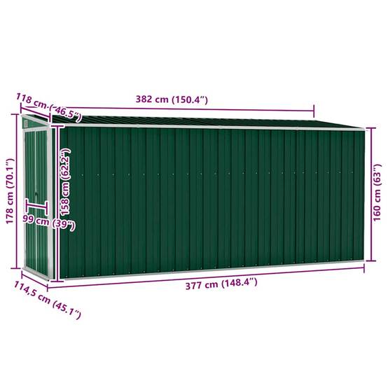 Vidaxl - Abri de jardin mural Vert 118x382x178 cm Acier galvanisé vidaXL 316229 - Image 3