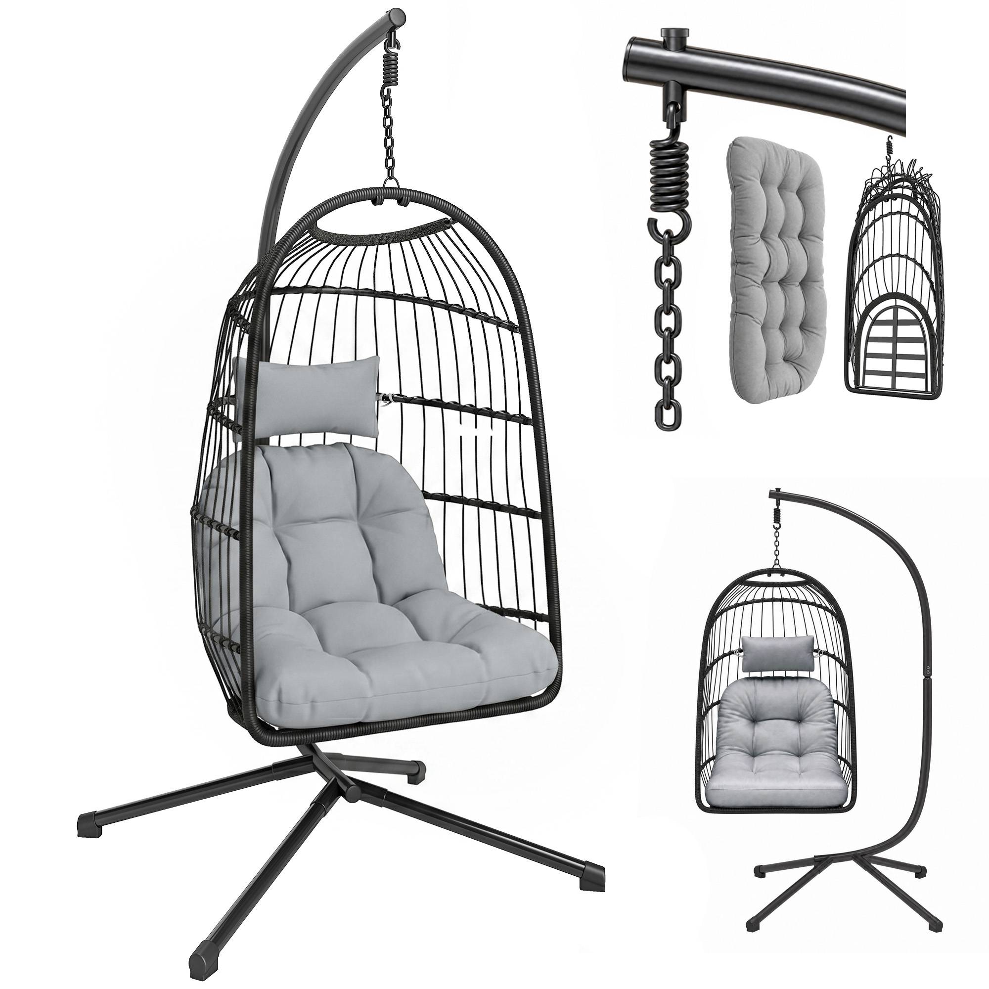 Sans Marque - Fauteuil Œuf Suspendu Pliable Support Coussin 15cm Appui-tête Résine Tressée 101x105x196cm Gris - Image 1