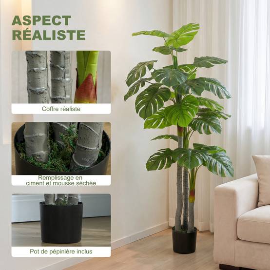 Arbre Artificiel Plante Artificielle Monstera H.1,5 m Tronc Branches Lichen Feuilles de Tortue Grand réalisme Pot Inclus - Image 6