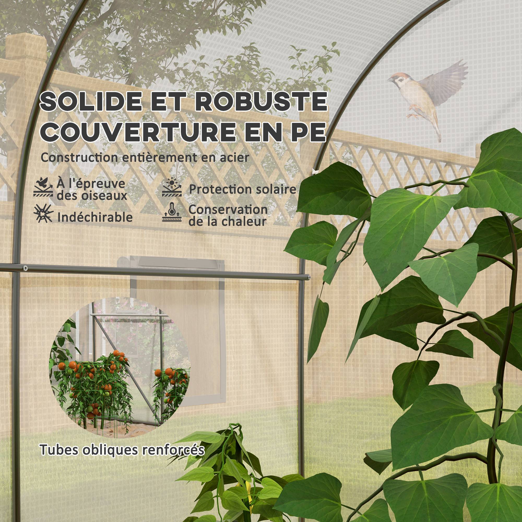 Serre de jardin serre tunnel de Jardin dim. 3,5L x 3l x 2H m Porte + 6 fenêtres enroulables Acier galvanisé bâche PE Haute densité Blanc - Image 6