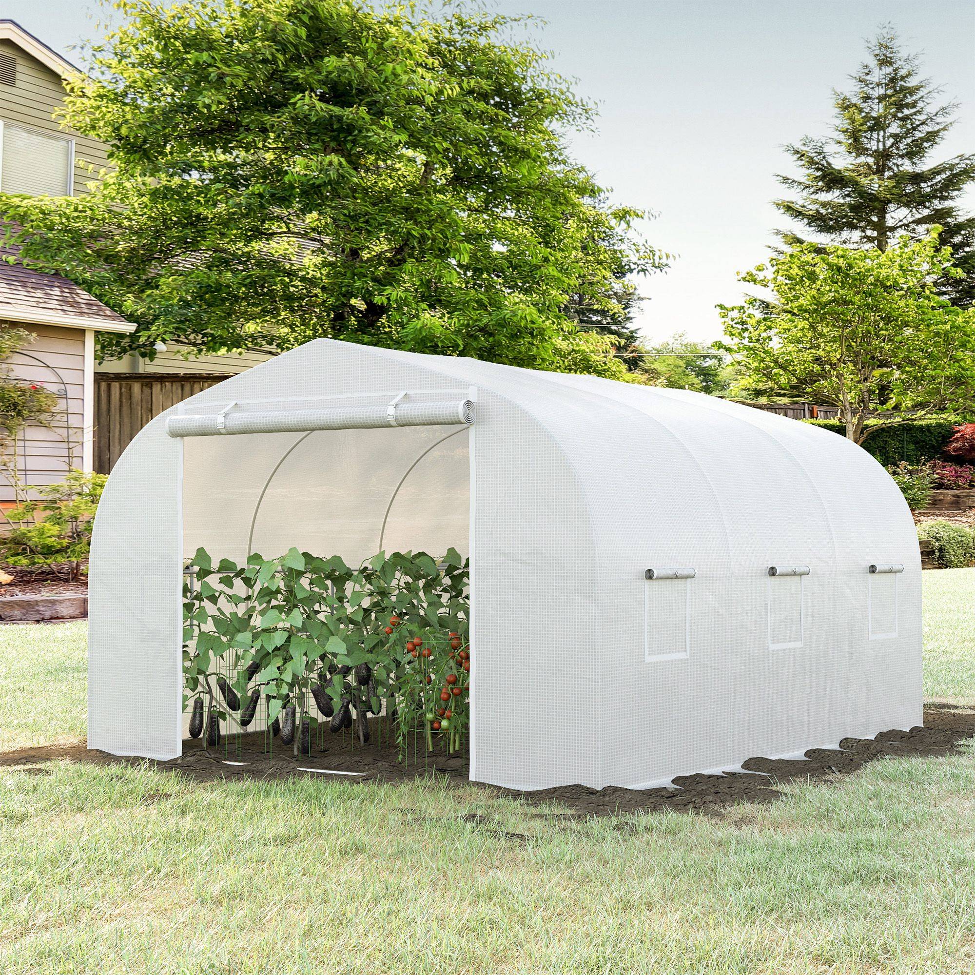Serre de jardin serre tunnel de Jardin dim. 3,5L x 3l x 2H m Porte + 6 fenêtres enroulables Acier galvanisé bâche PE Haute densité Blanc - Image 4