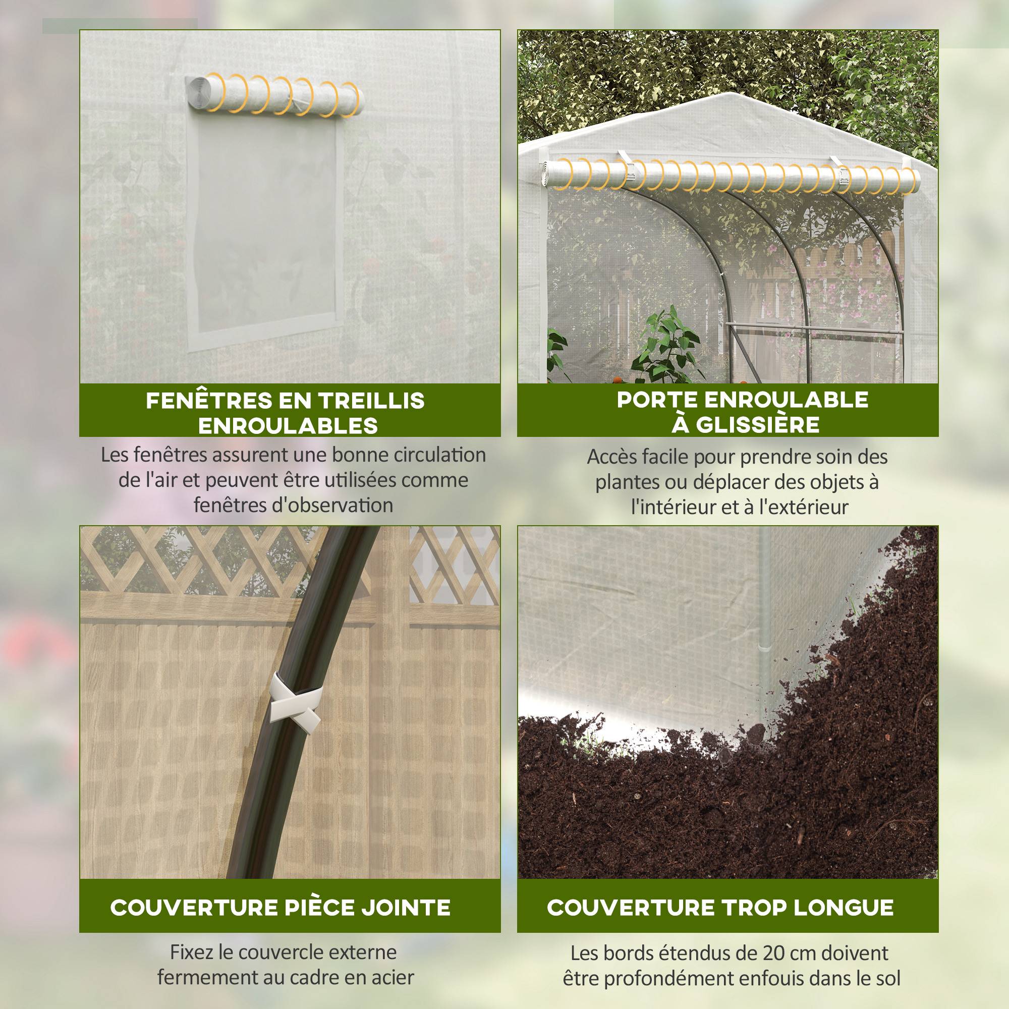 Serre de jardin serre tunnel de Jardin dim. 3,5L x 3l x 2H m Porte + 6 fenêtres enroulables Acier galvanisé bâche PE Haute densité Blanc - Image 7