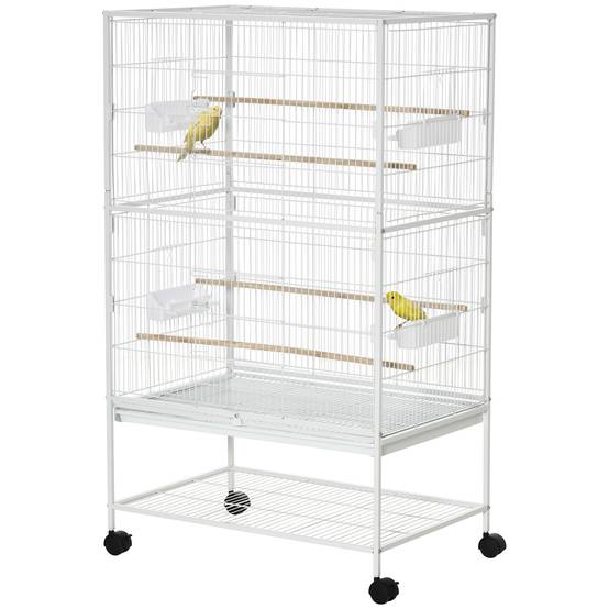 Cage à oiseaux sur roulettes 78 x 52 x 132 cm avec plateau et étagère amovibles pour canaris et perruches, blanche - Image 2