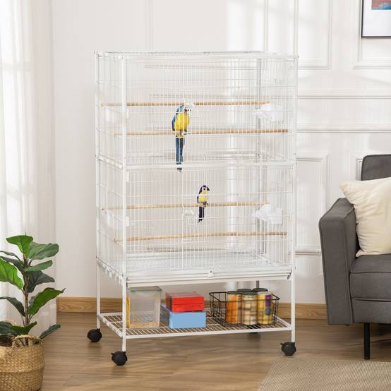 Cage à oiseaux sur roulettes 78 x 52 x 132 cm avec plateau et étagère amovibles pour canaris et perruches, blanche - Image 3