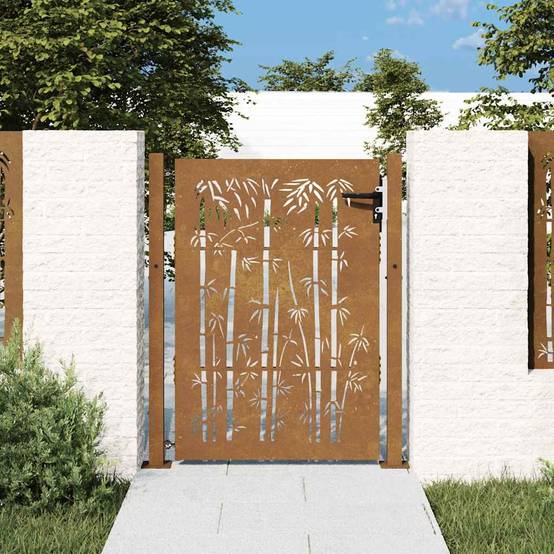 Portillon d'Entrée Acier Corten Motif Bambou avec Poteaux pour Jardin Terrasse Rouillé 105x130 cm – ComfortXL Outdoor Living - Image 1