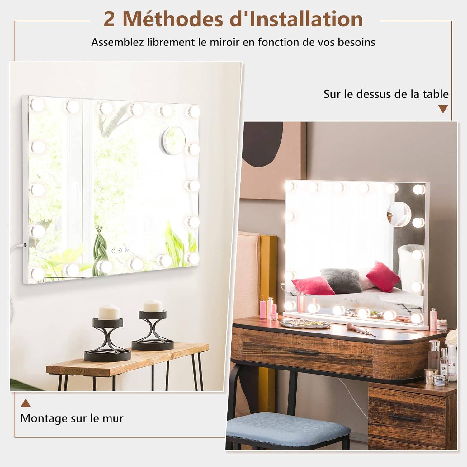 Miroir de maquillage Hollywood avec éclairage LED USB