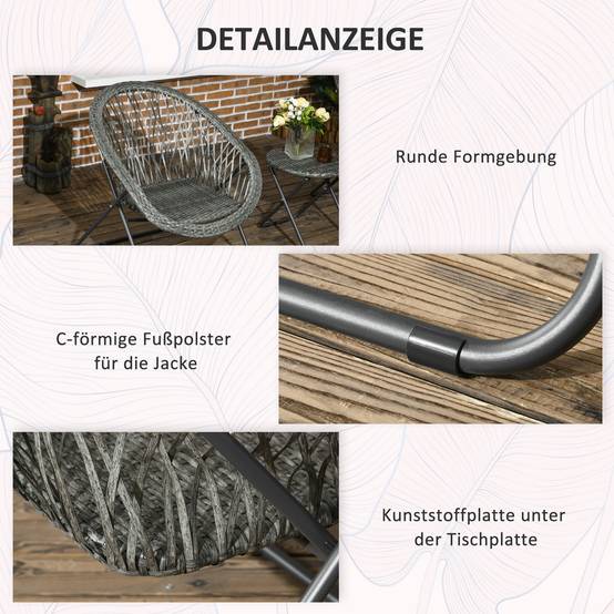 ComfortXL - Salon de jardin 3 pièces rotin PE acier gris 2 fauteuils et table pliante pour balcon terrasse compacte - Image 7
