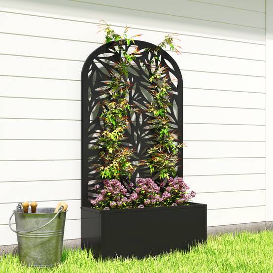 Outsunny - Jardinière avec treillis brise-vue découpé en feuilles - à fixer au mur ou au sol - cadre en métal - 61x23x113cm - noir - Outsunny - Image 4