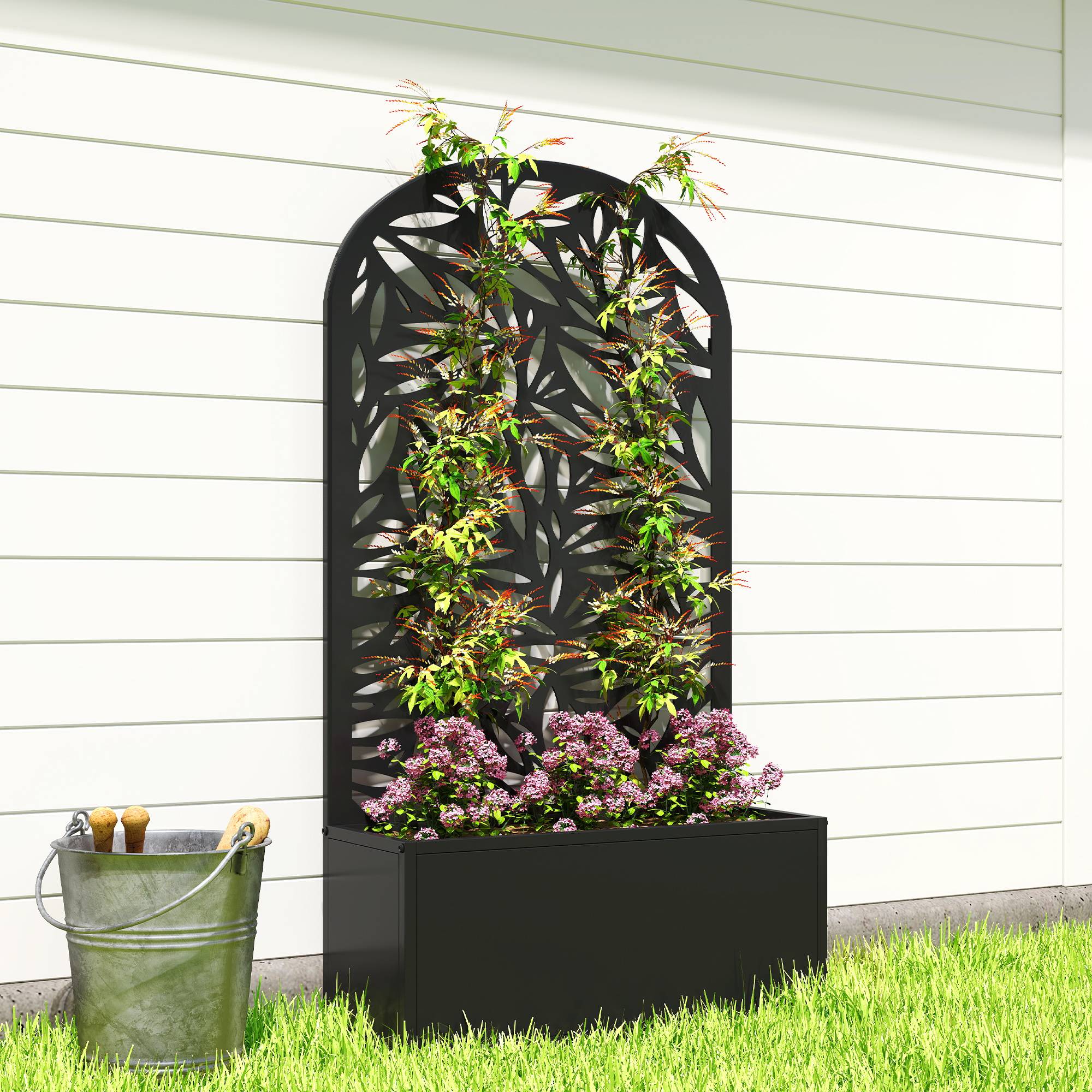 Outsunny - Jardinière avec treillis brise-vue découpé en feuilles - à fixer au mur ou au sol - cadre en métal - 61x23x113cm - noir - Outsunny - Image 4