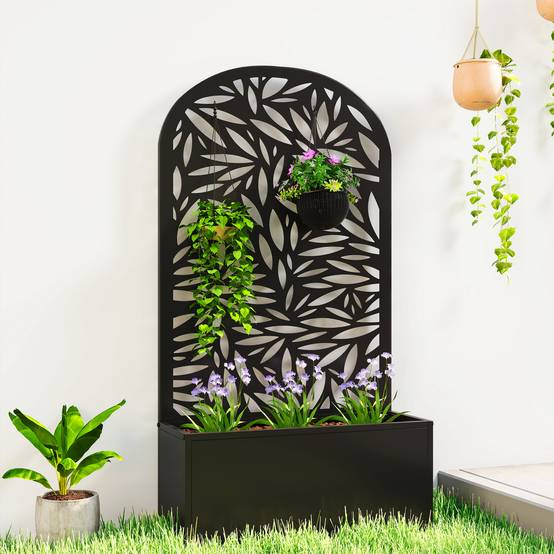 Outsunny - Jardinière avec treillis brise-vue découpé en feuilles - à fixer au mur ou au sol - cadre en métal - 61x23x113cm - noir - Outsunny - Image 6