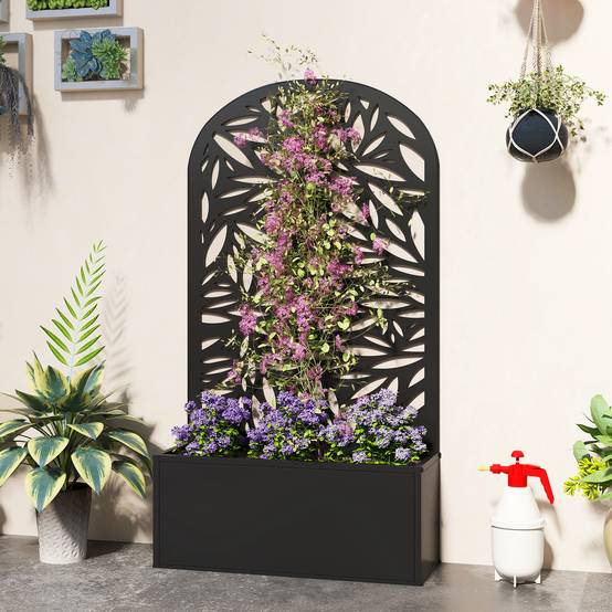 Outsunny - Jardinière avec treillis brise-vue découpé en feuilles - à fixer au mur ou au sol - cadre en métal - 61x23x113cm - noir - Outsunny - Image 2