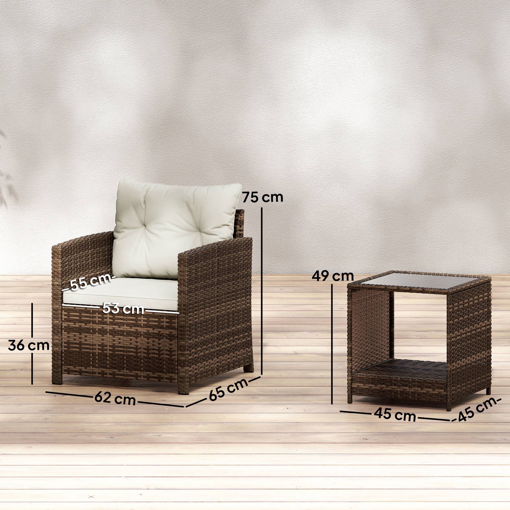 ComfortXL - Salon de jardin 3 pièces résine tressée acier crème balcon terrasse table 2 niveaux coussins lavables - Image 3