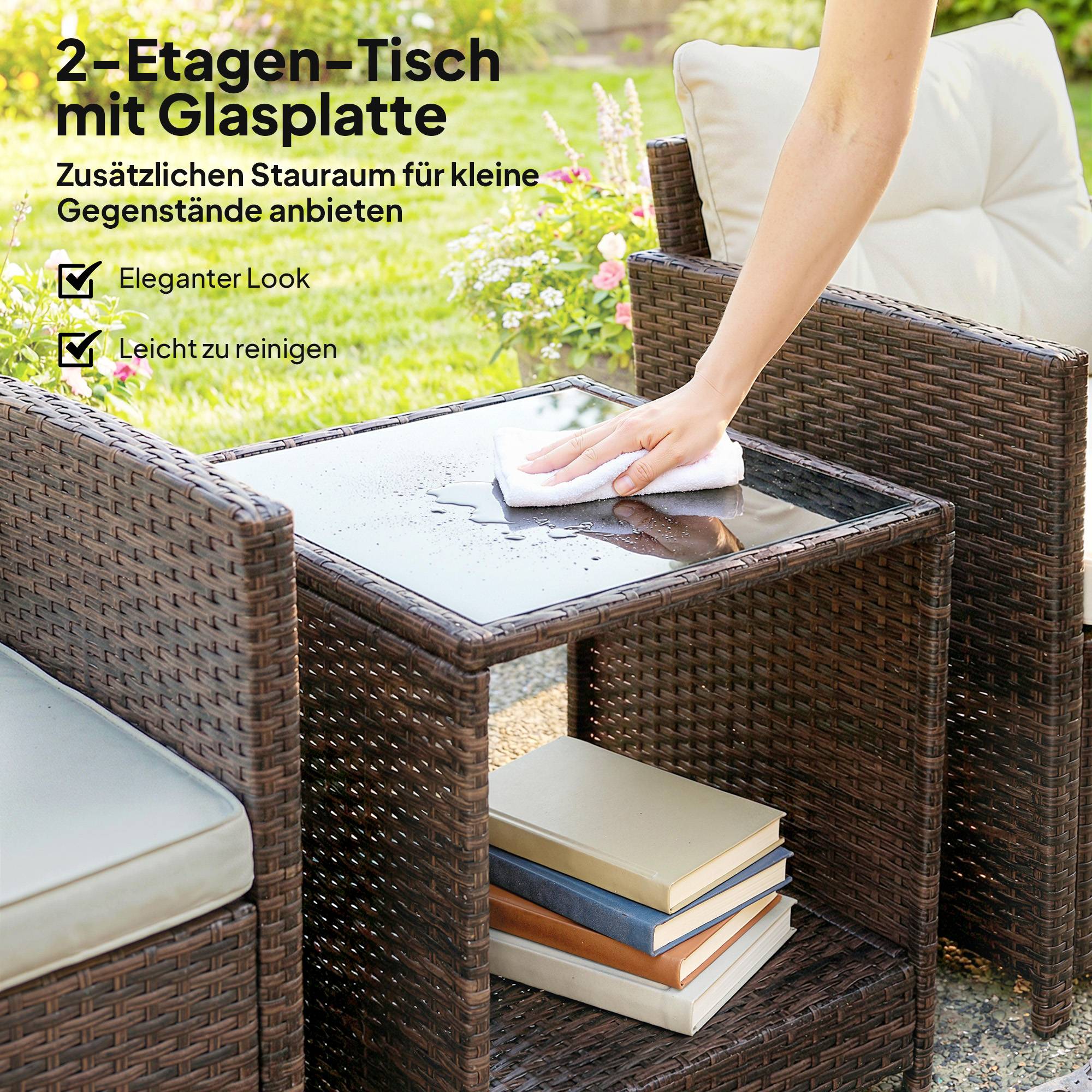 ComfortXL - Salon de jardin 3 pièces résine tressée acier crème balcon terrasse table 2 niveaux coussins lavables - Image 7