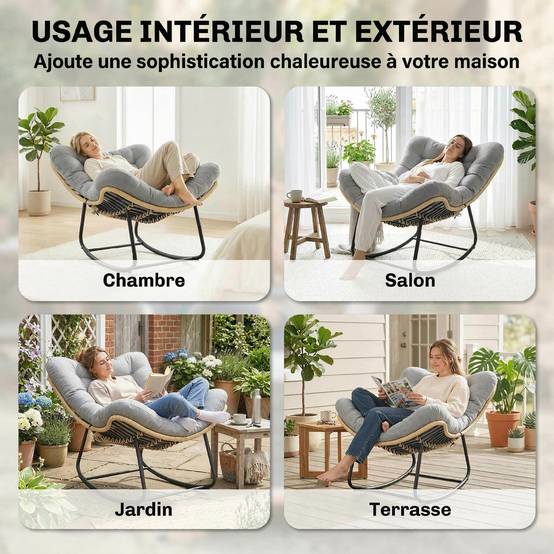 Fauteuil à Bascule Résine Tressée Balcon Terrasse Assise Rembourrée Coton Gris - ComfortXL Outdoor Living - Image 9