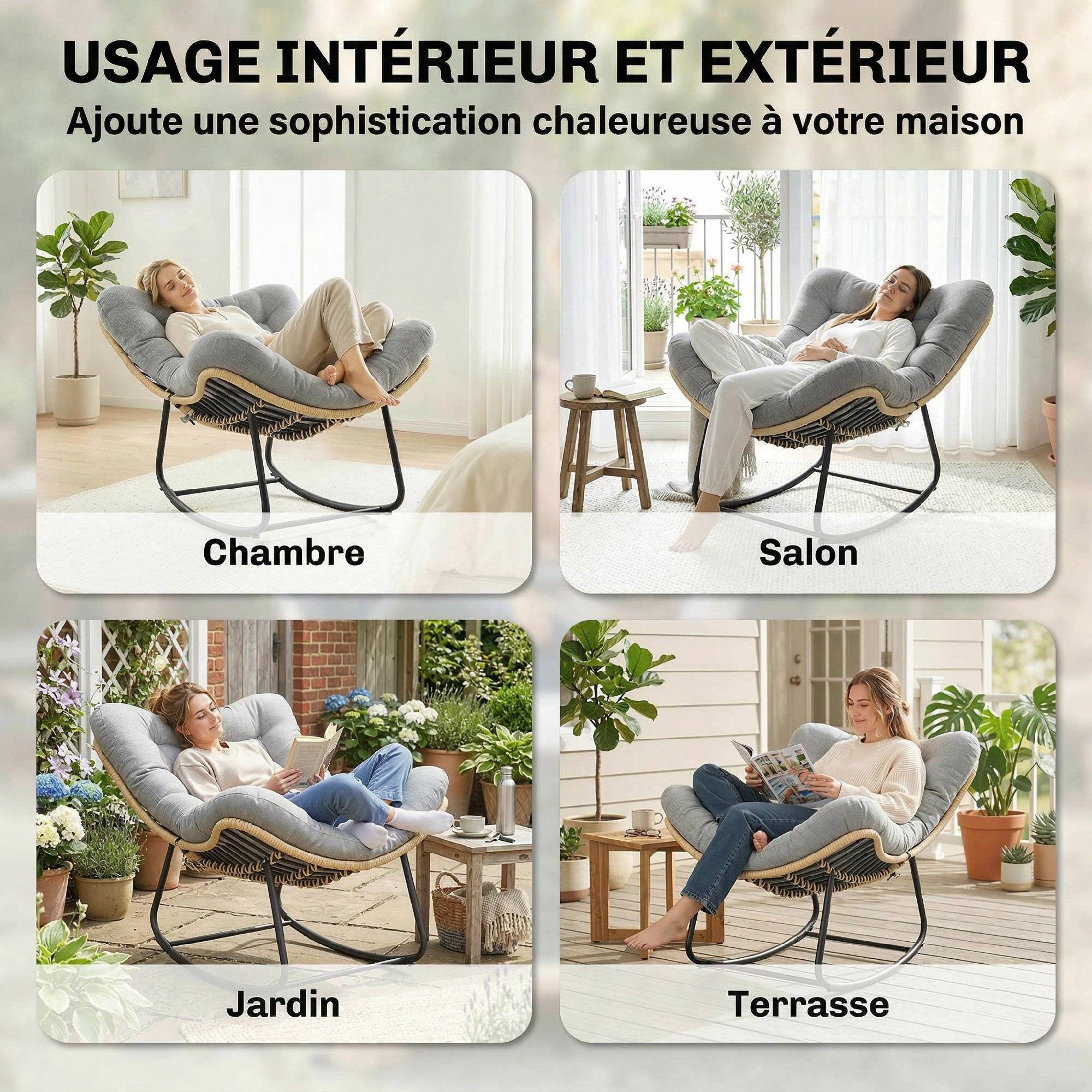 Fauteuil à Bascule Résine Tressée Balcon Terrasse Assise Rembourrée Coton Gris - ComfortXL Outdoor Living - Image 9