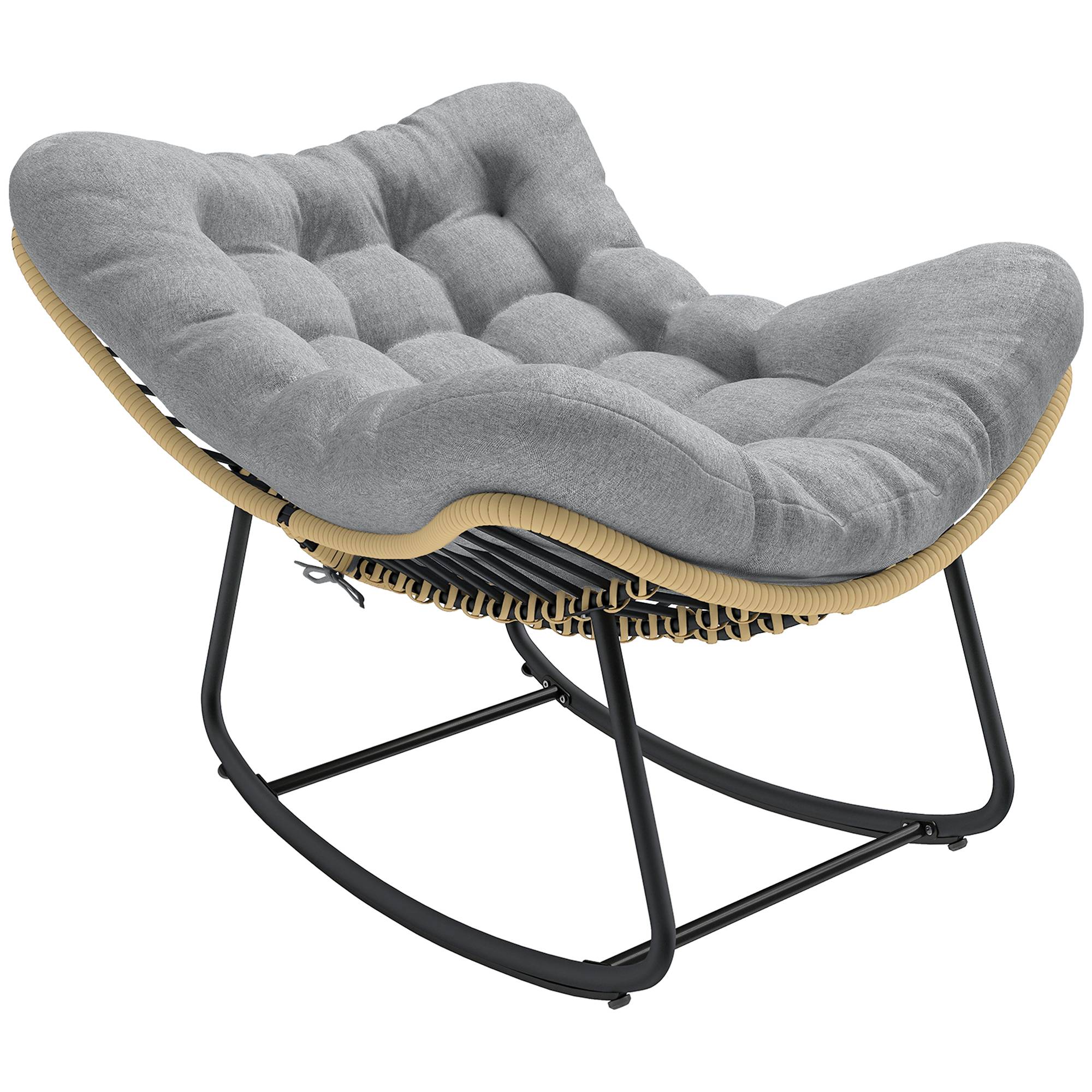 Fauteuil à Bascule Résine Tressée Balcon Terrasse Assise Rembourrée Coton Gris - ComfortXL Outdoor Living