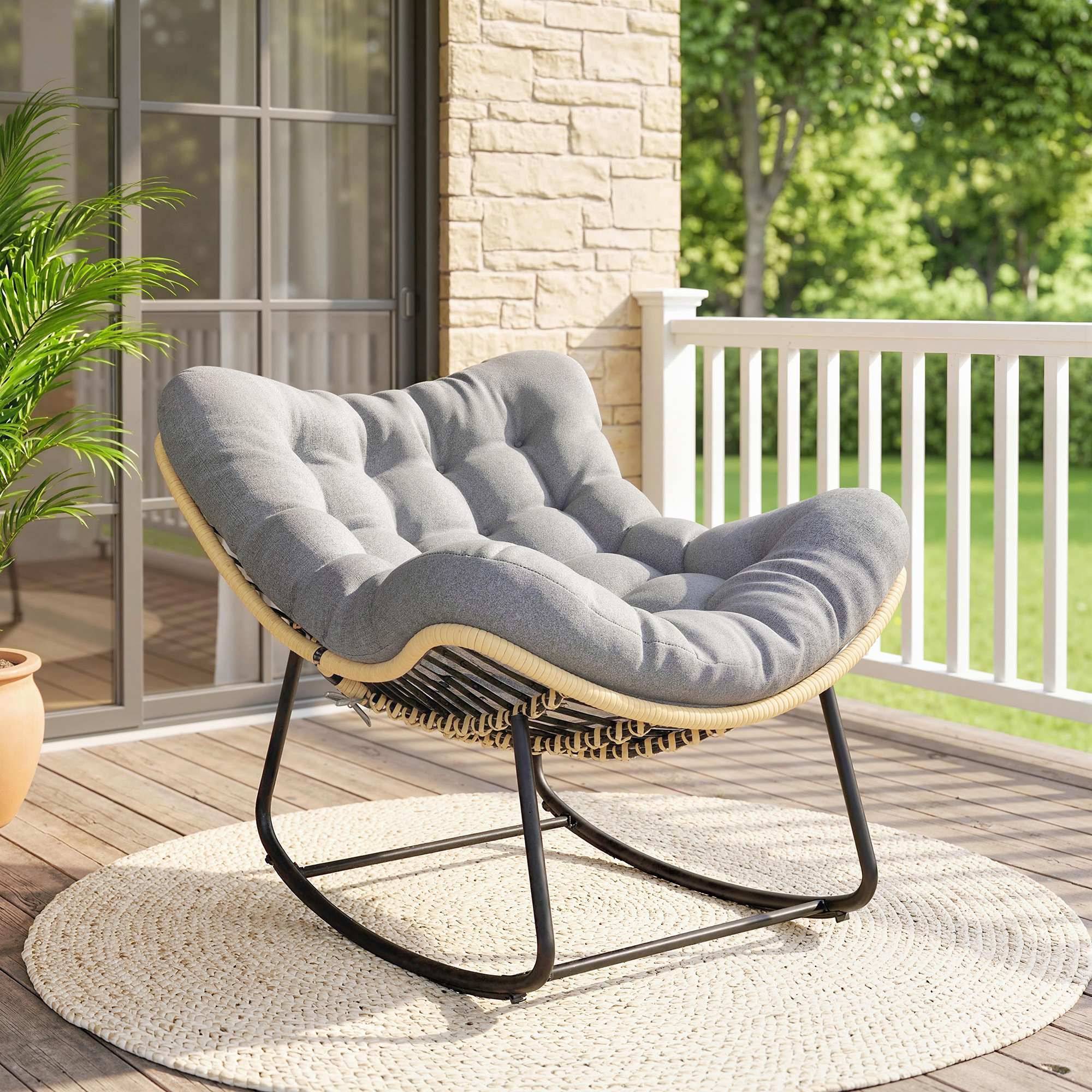 Fauteuil à Bascule Résine Tressée Balcon Terrasse Assise Rembourrée Coton Gris - ComfortXL Outdoor Living - Image 3