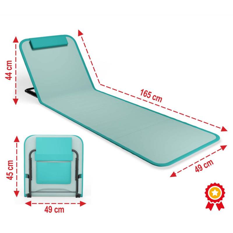 Transat de plage confortable Turquoise 165cm dossier réglable et coussin pour la tête sac inclus - Image 2