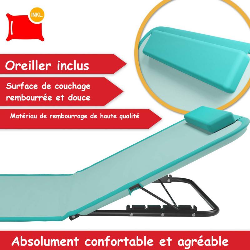 Transat de plage confortable Turquoise 165cm dossier réglable et coussin pour la tête sac inclus - Image 4