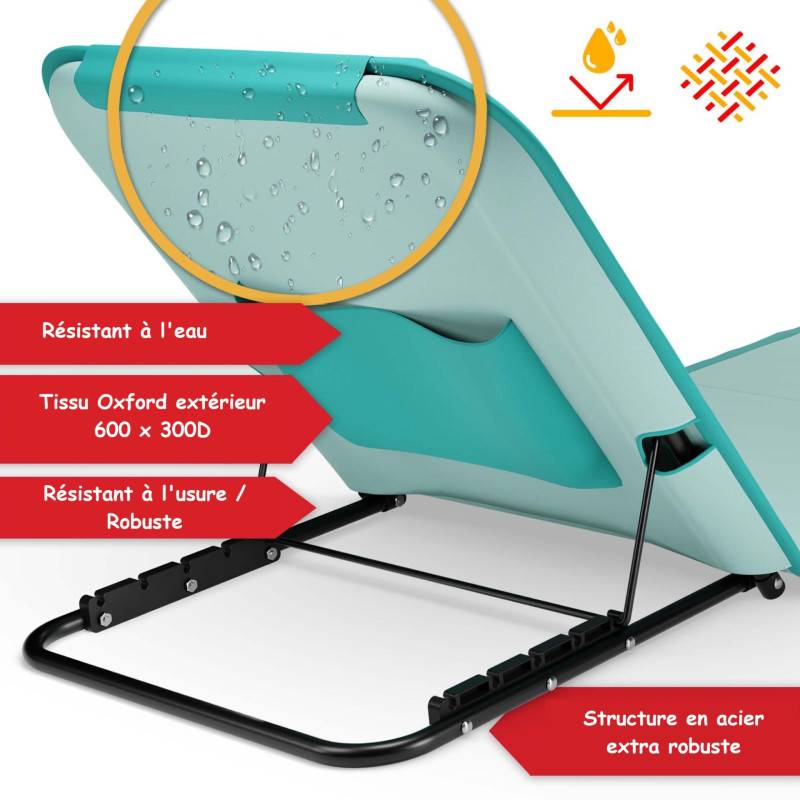 Transat de plage confortable Turquoise 165cm dossier réglable et coussin pour la tête sac inclus - Image 6