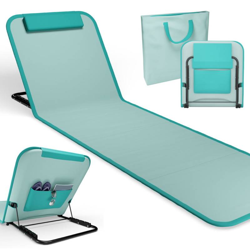 Transat de plage confortable Turquoise 165cm dossier réglable et coussin pour la tête sac inclus - Image 1