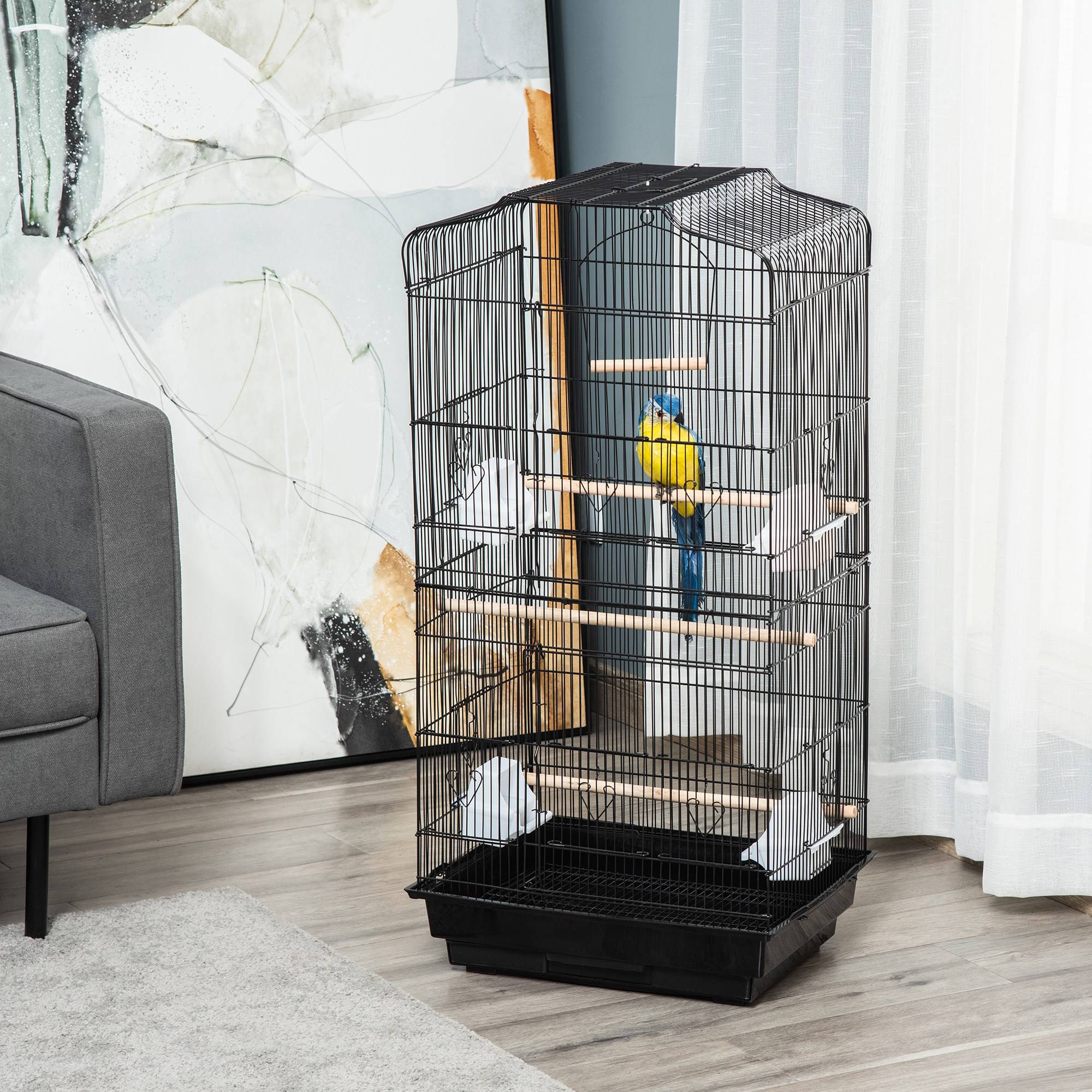 Sans Marque - Cage à oiseaux volière avec mangeoires perchoirs plateau excrément amovible cage pour canaris perruches perroquets 46,5 x 35,5 x 92 cm noir - Image 4