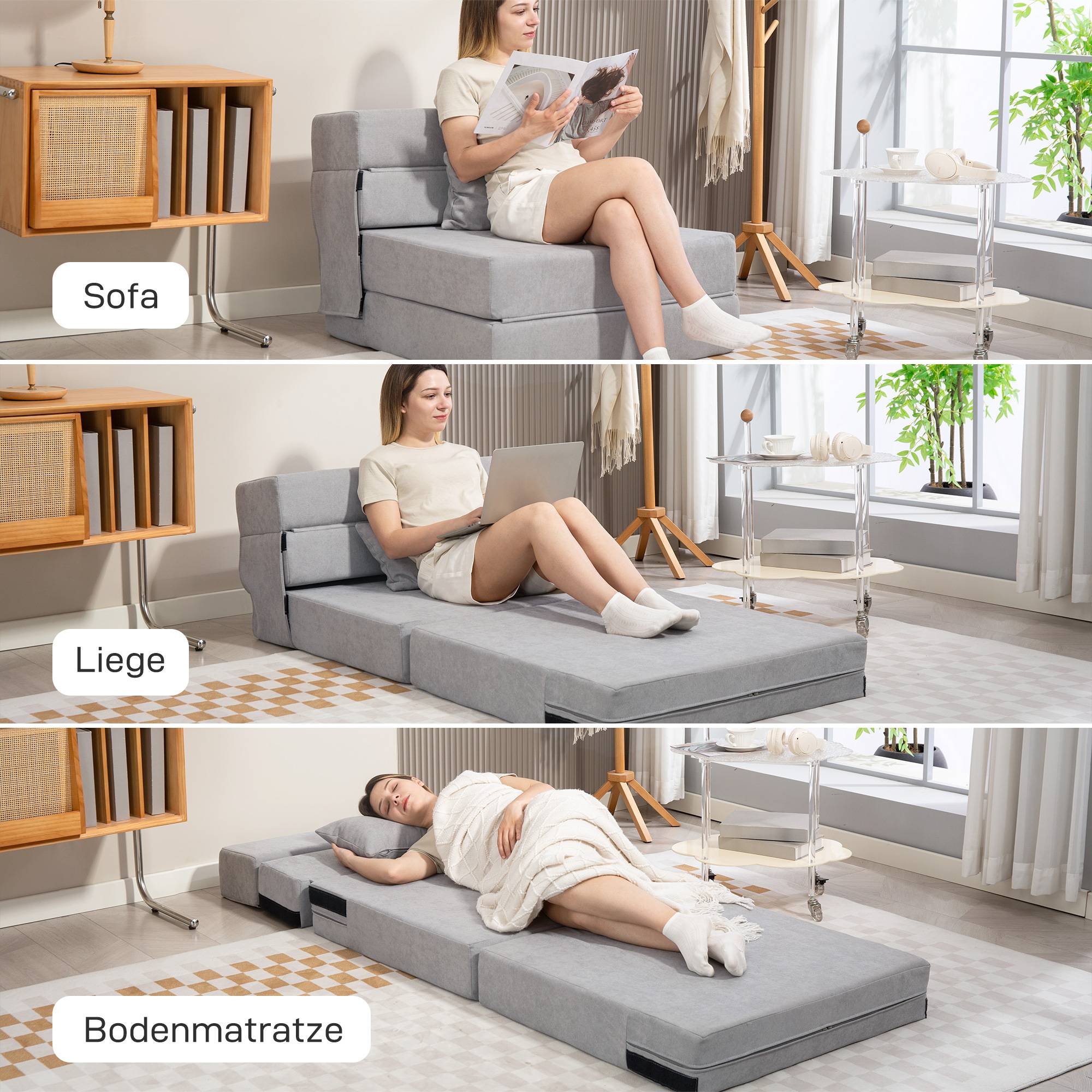 Canapé de sol, canapé rembourré, convertible en matelas, mousse, coussins, gris clair - Image 6